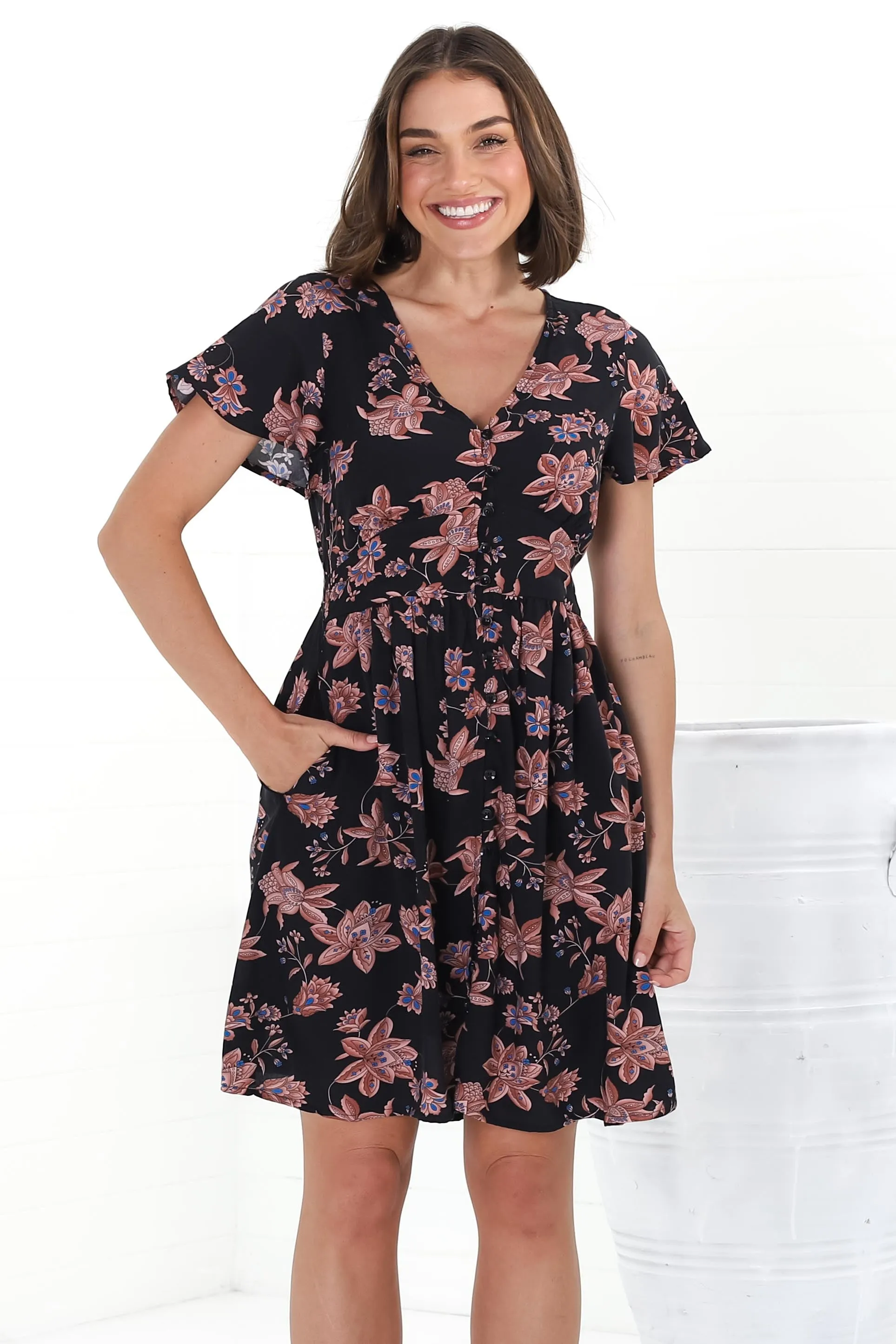 Aurelia Mini Dress - Button-Down Flutter Sleeve Dress in Halara Print Black sold by Salty Crush