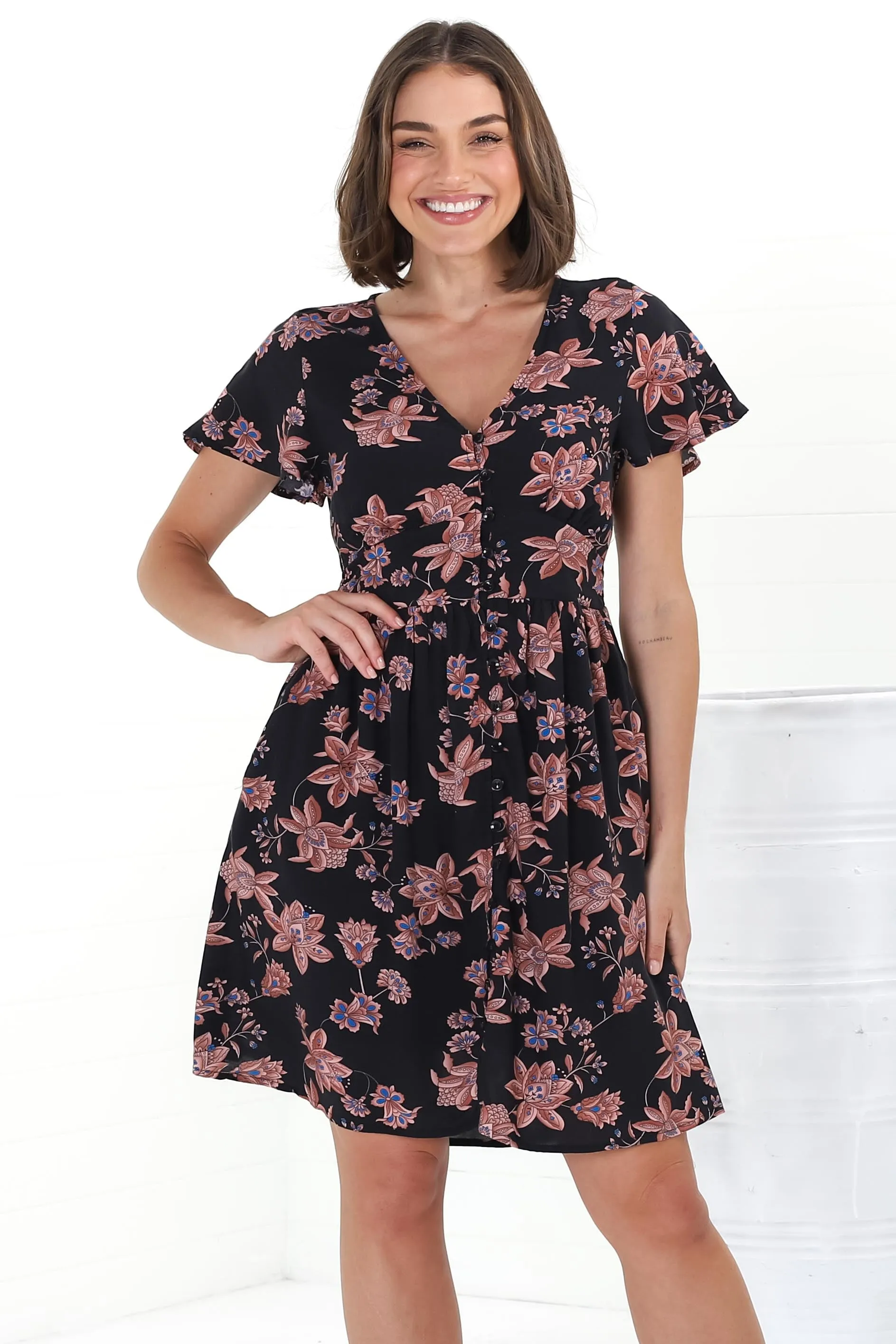 Aurelia Mini Dress - Button-Down Flutter Sleeve Dress in Halara Print Black sold by Salty Crush product image thumbnail 4