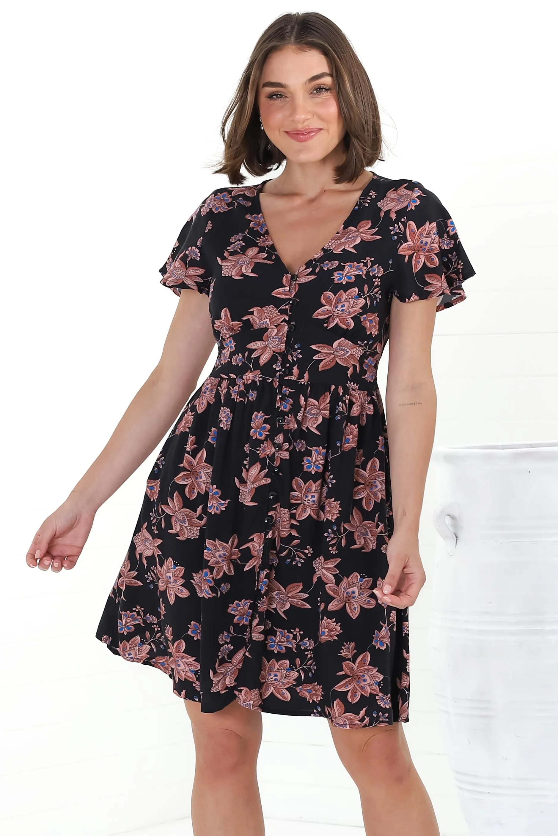 Aurelia Mini Dress - Button-Down Flutter Sleeve Dress in Halara Print Black sold by Salty Crush product image thumbnail 3