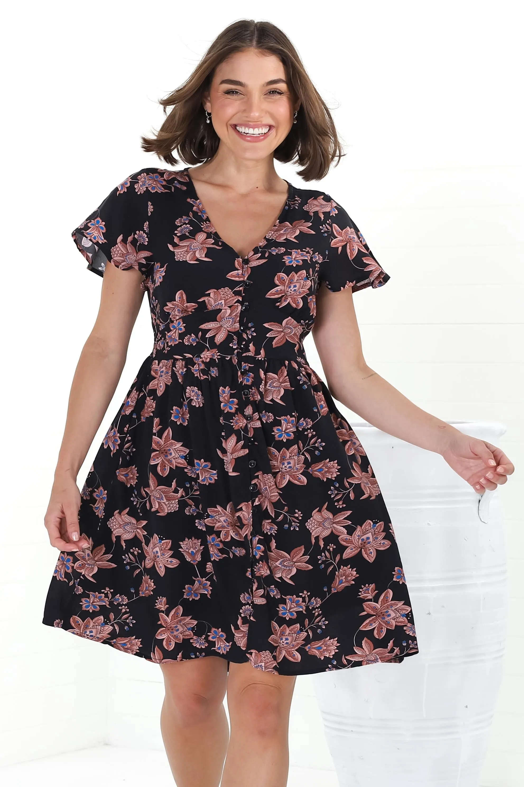 Aurelia Mini Dress - Button-Down Flutter Sleeve Dress in Halara Print Black sold by Salty Crush product image thumbnail 5