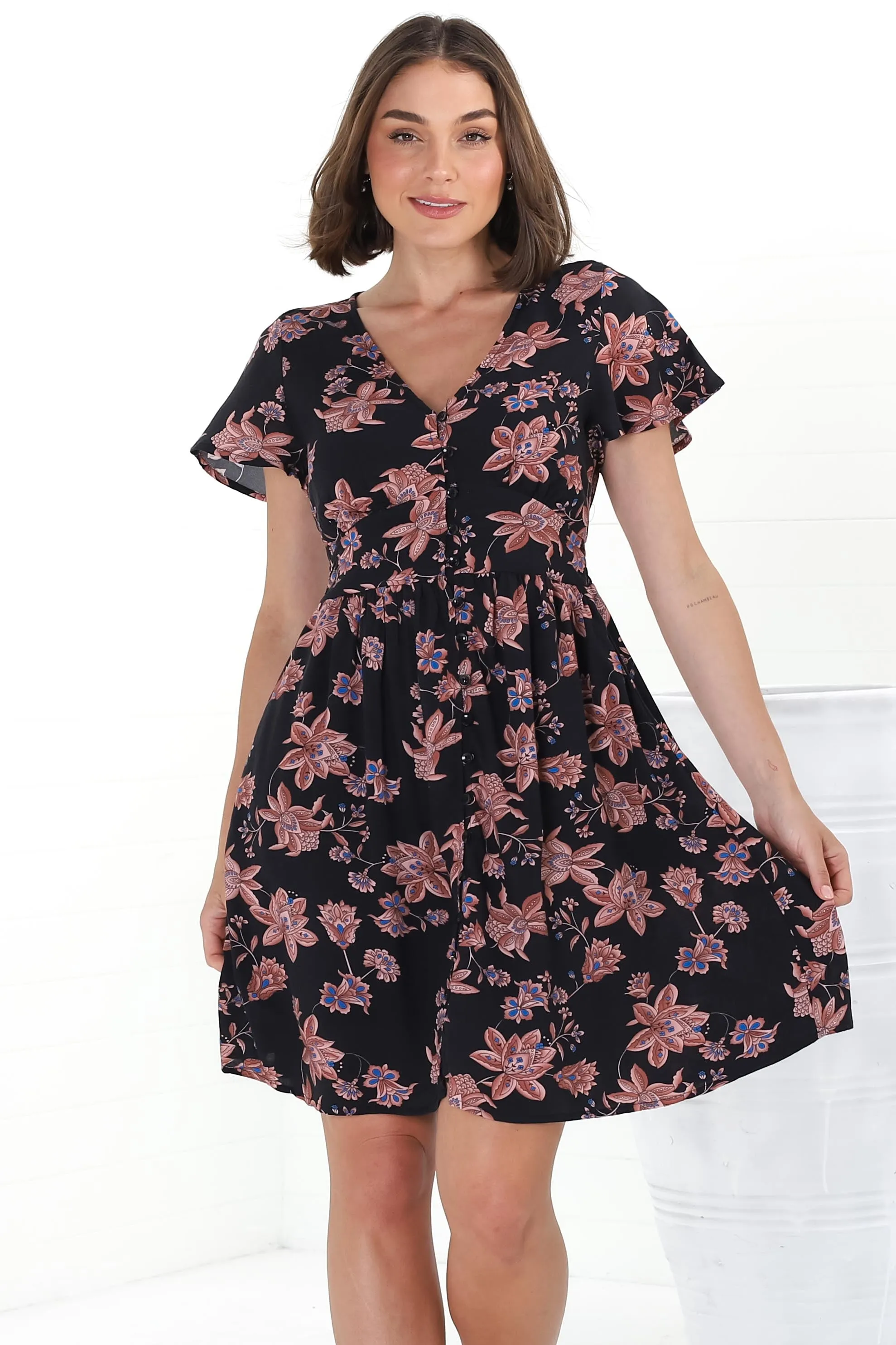 Aurelia Mini Dress - Button-Down Flutter Sleeve Dress in Halara Print Black sold by Salty Crush product image thumbnail 2