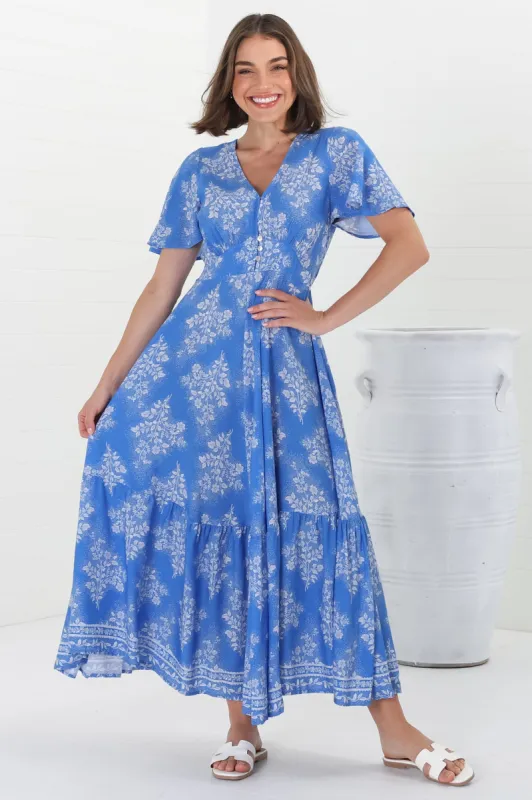 Libby Maxi Dress - Flutter Cap Sleeve Button Waist Detailed A Line Dress in Bridgette Print sold by Salty Crush