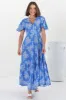 Libby Maxi Dress - Flutter Cap Sleeve Button Waist Detailed A Line Dress in Bridgette Print sold by Salty Crush