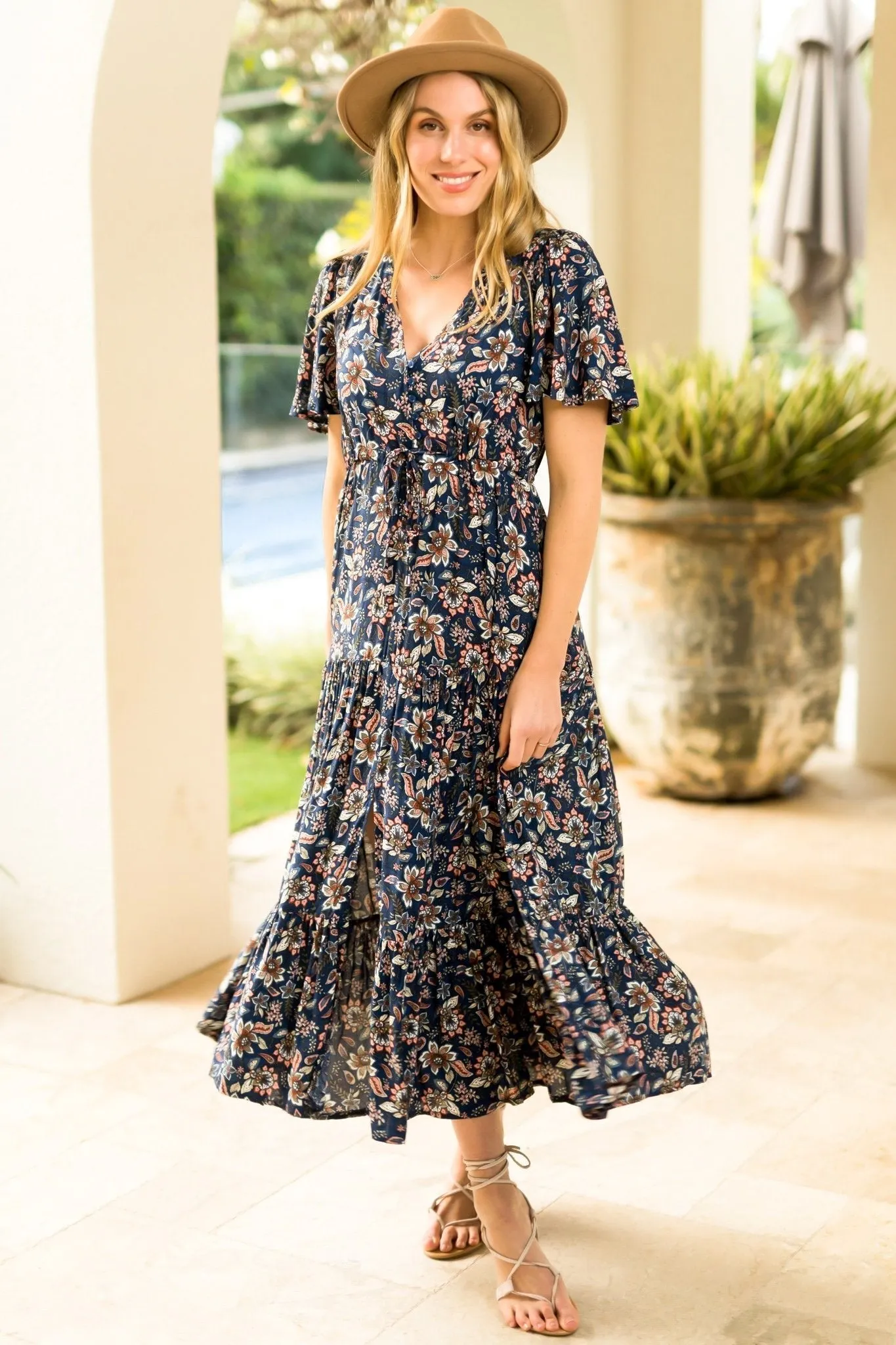 Adhira Maxi Dress - Buttoned Bodice A Line Dress With Flute Sleeves In Marla Print Navy sold by Salty Crush product image thumbnail 4