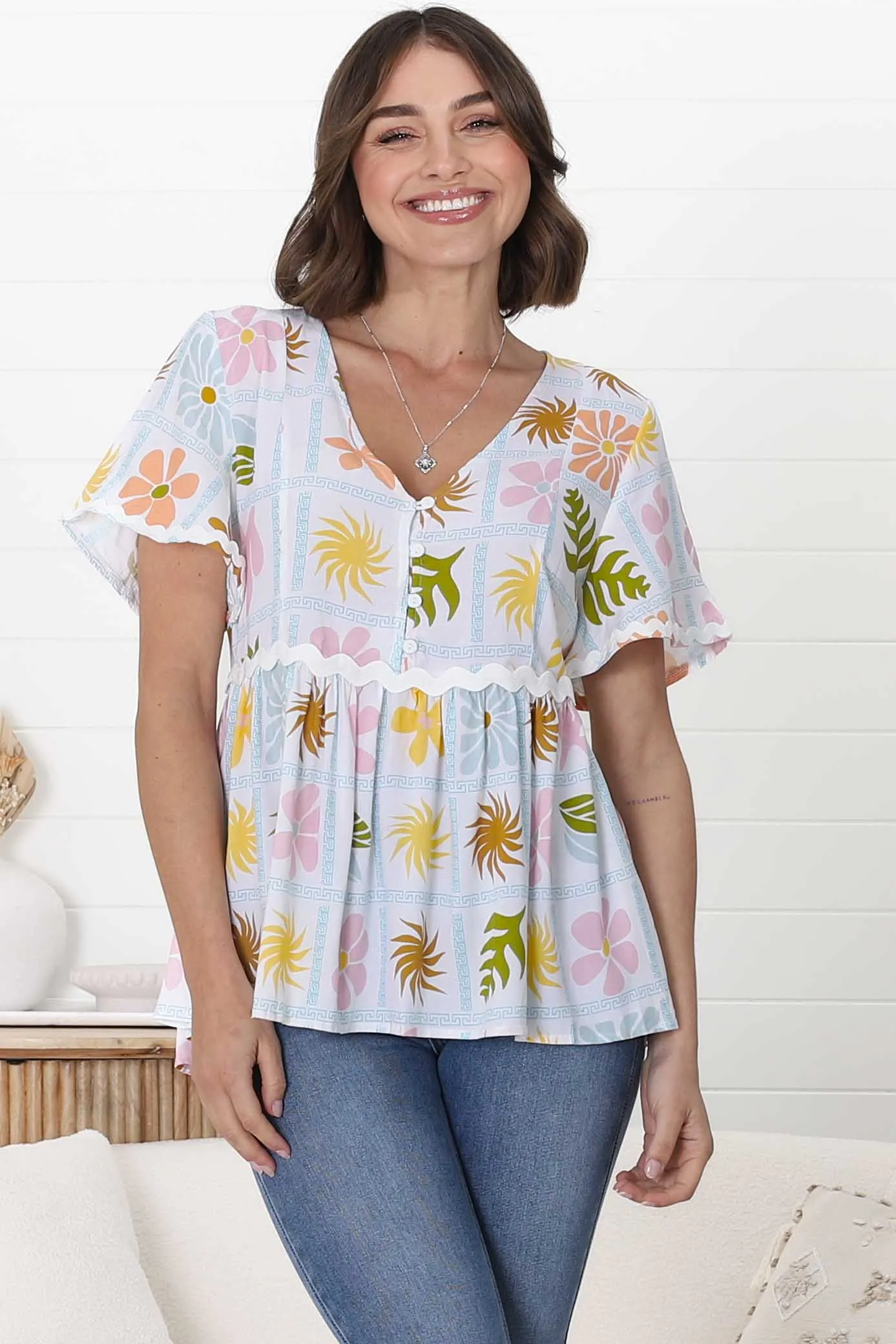 Aster Top - Pull Over Top with Rick Rack Detailing in Ebbe Print Green sold by Salty Crush product image thumbnail 3