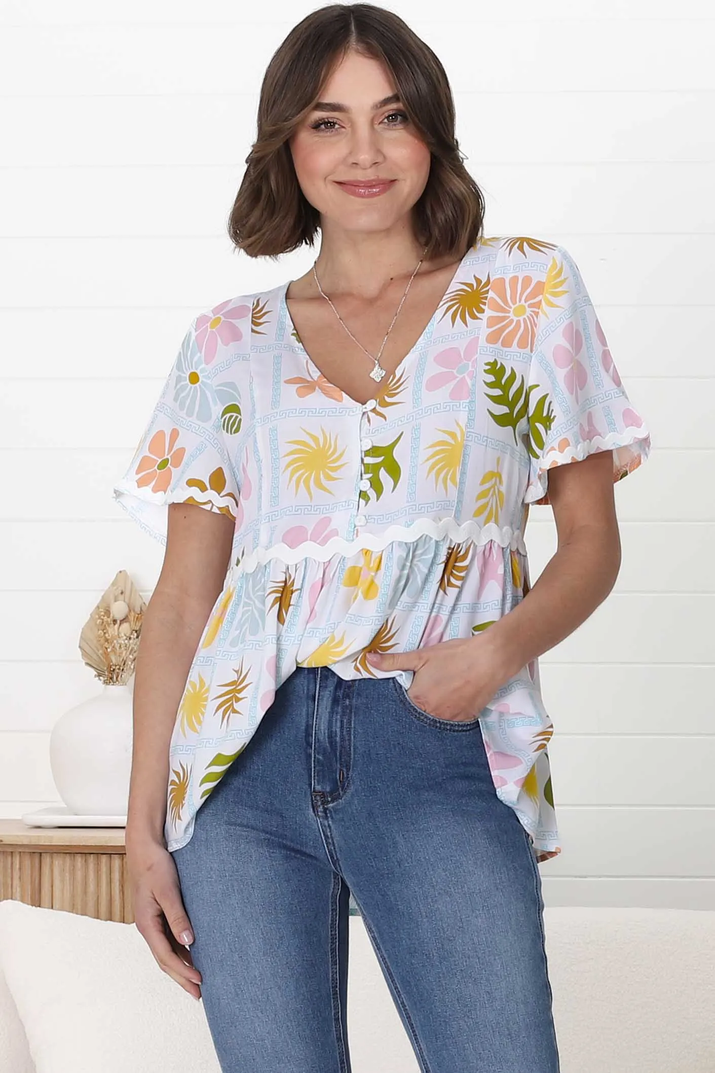 Aster Top - Pull Over Top with Rick Rack Detailing in Ebbe Print Green sold by Salty Crush product image thumbnail 5