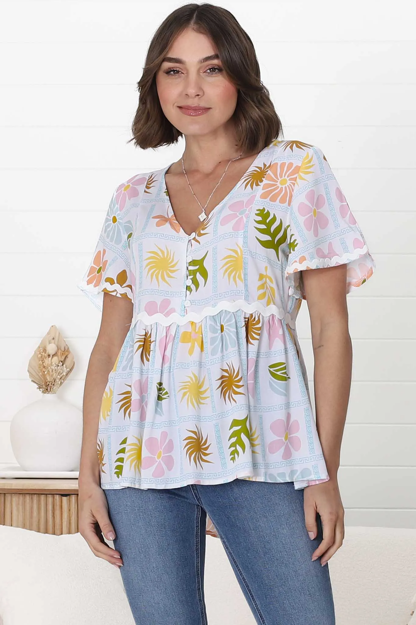 Aster Top - Pull Over Top with Rick Rack Detailing in Ebbe Print Green sold by Salty Crush