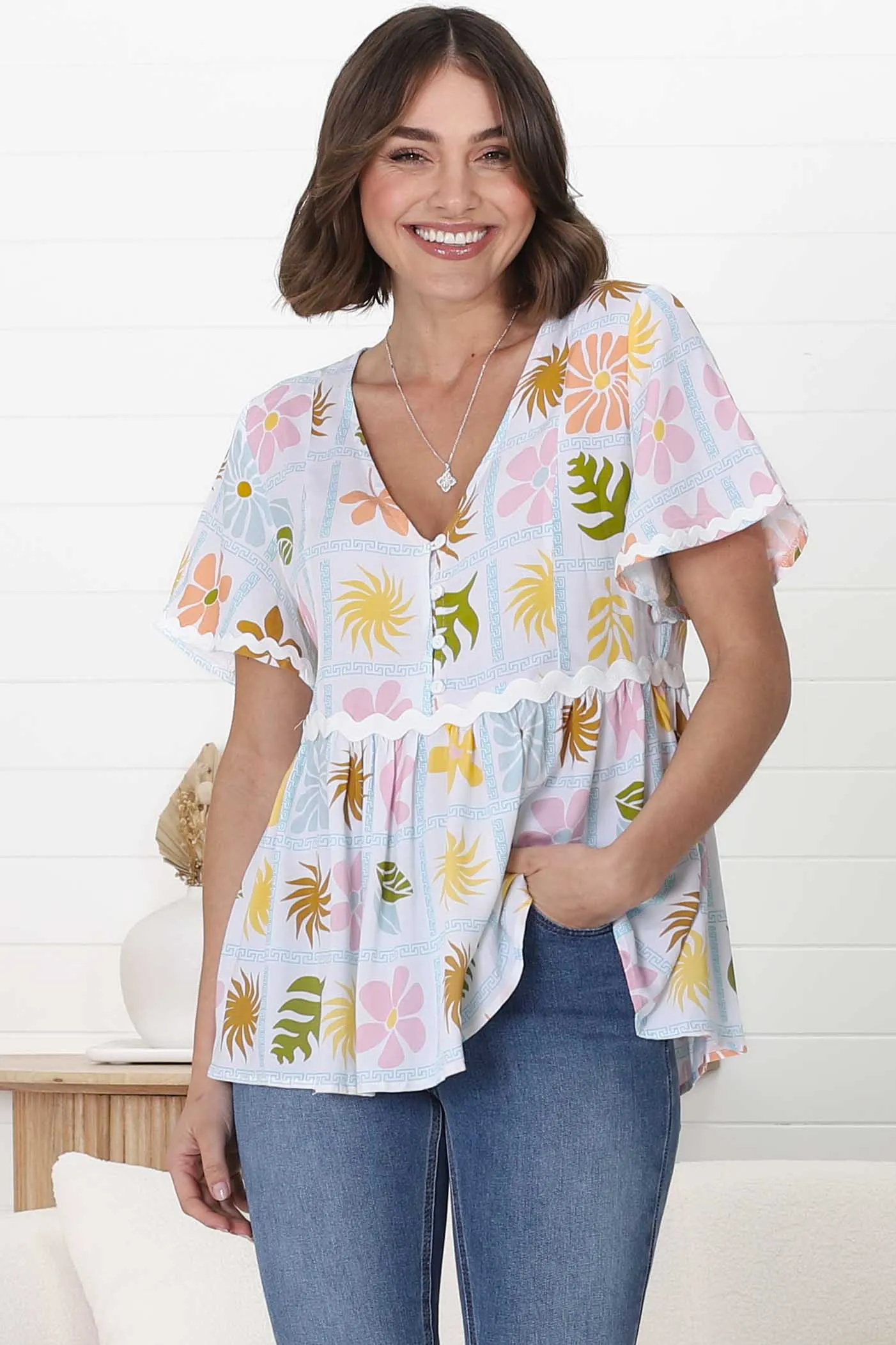 Aster Top - Pull Over Top with Rick Rack Detailing in Ebbe Print Green sold by Salty Crush product image thumbnail 2