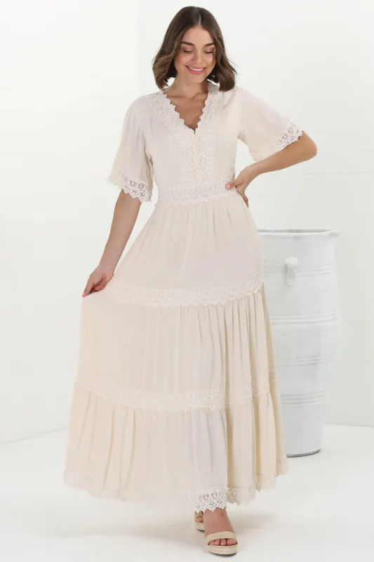 Peony Maxi Dress - Lace Detailed A Line Dress with Flute Sleeves in Cream sold by Salty Crush