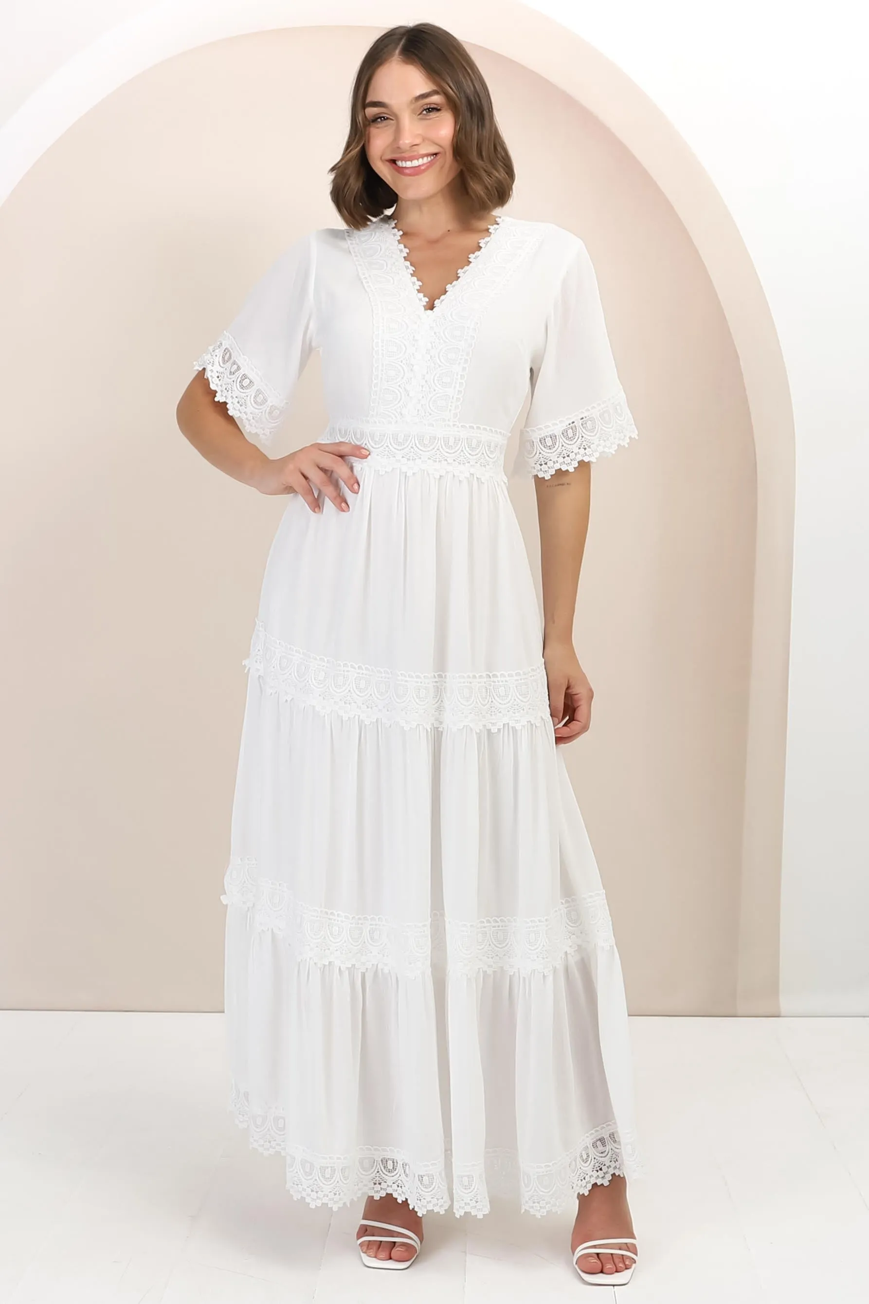Peony Maxi Dress - Lace Detailed A Line Dress with Flute Sleeves in White sold by Salty Crush product image thumbnail 2