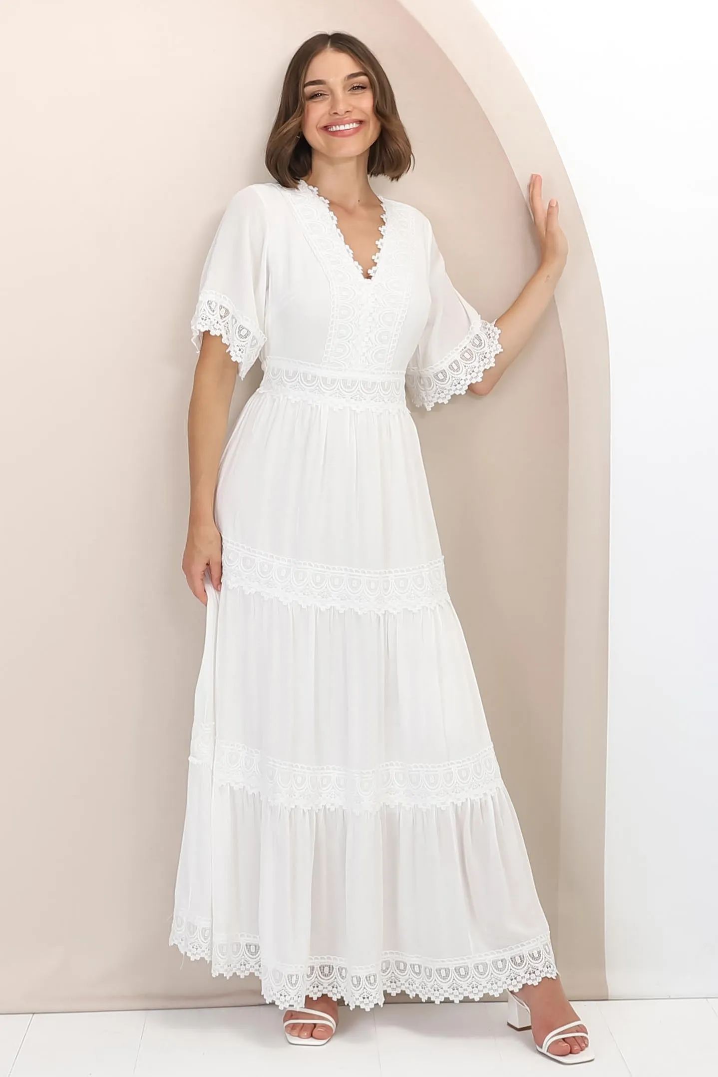 Peony Maxi Dress - Lace Detailed A Line Dress with Flute Sleeves in White sold by Salty Crush