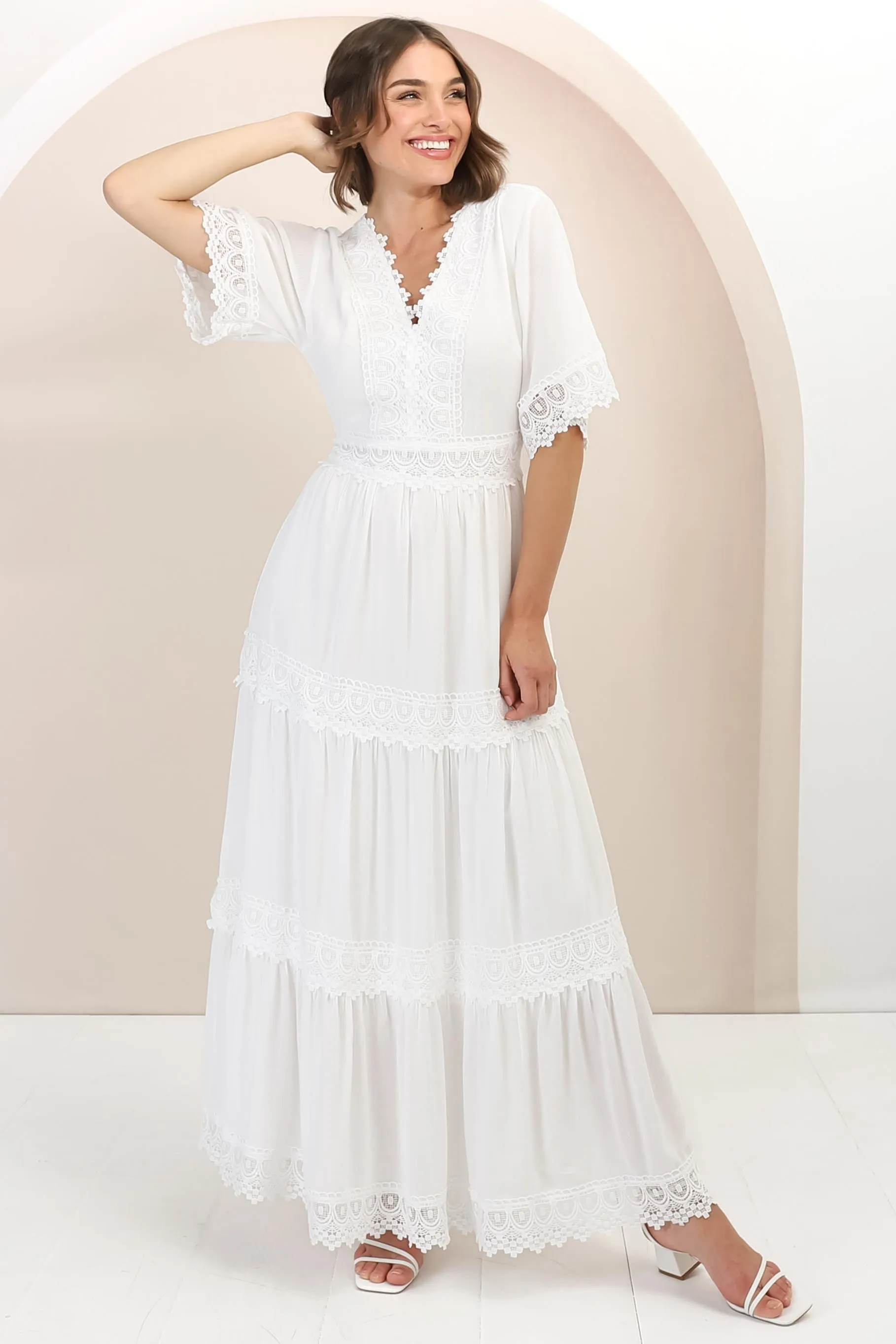 Peony Maxi Dress - Lace Detailed A Line Dress with Flute Sleeves in White sold by Salty Crush product image thumbnail 3