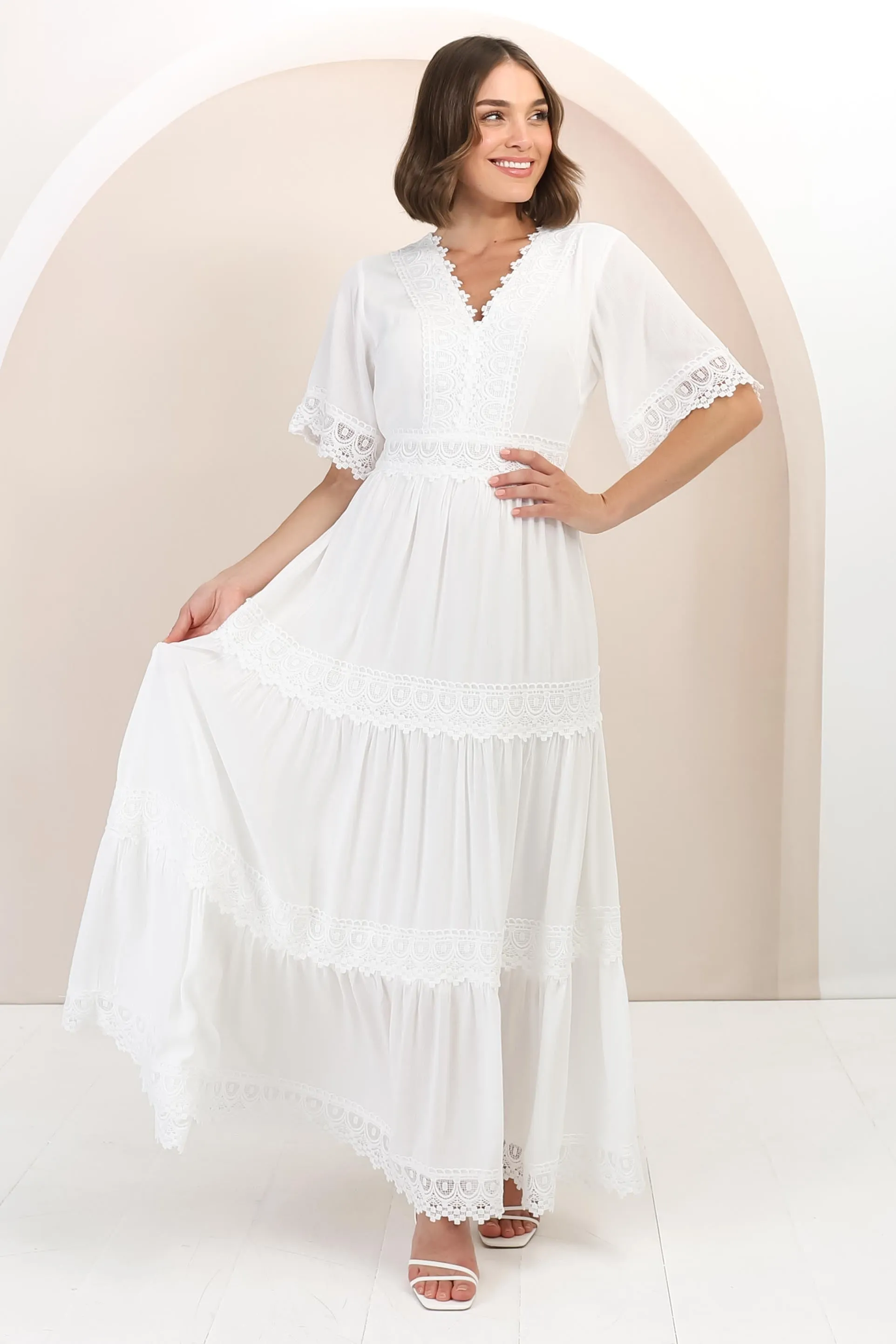 Peony Maxi Dress - Lace Detailed A Line Dress with Flute Sleeves in White sold by Salty Crush product image thumbnail 5