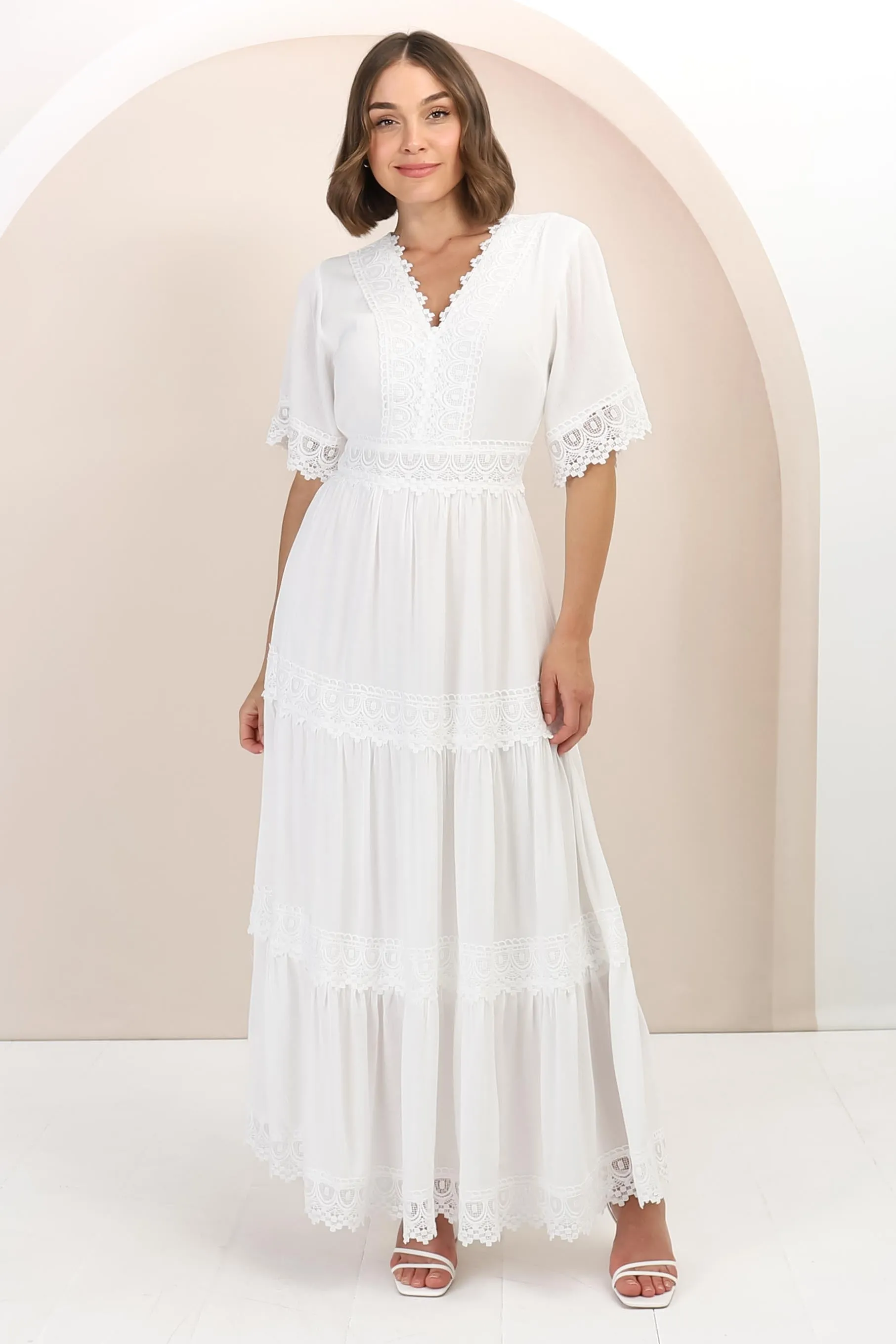 Peony Maxi Dress - Lace Detailed A Line Dress with Flute Sleeves in White sold by Salty Crush product image thumbnail 4