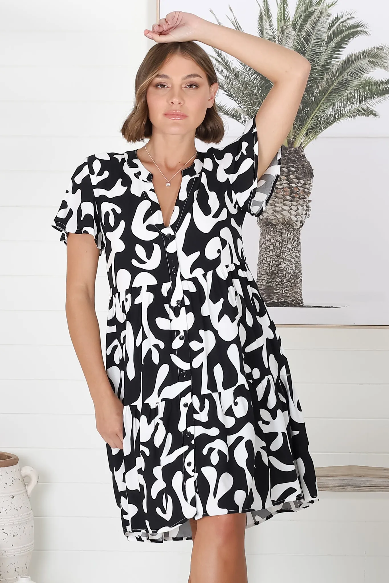 Wilma Mini Dress - Bermuda Collar Button Down Dress with Cap Sleeves in Jaxie Print Black sold by Salty Crush product image thumbnail 3