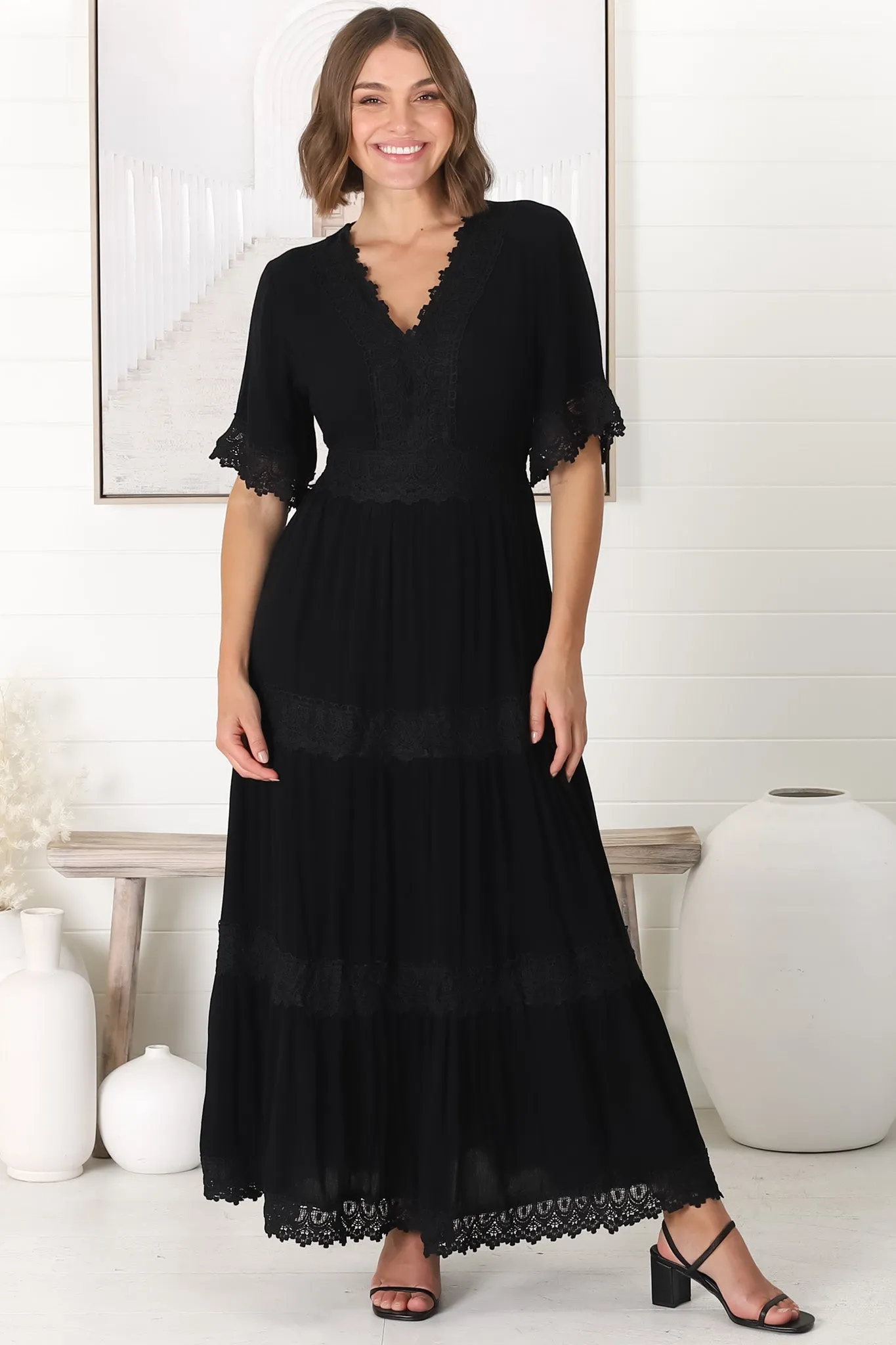 Peony Maxi Dress - Lace Detailed A Line Dress with Flute Sleeves in Black sold by Salty Crush product image thumbnail 2