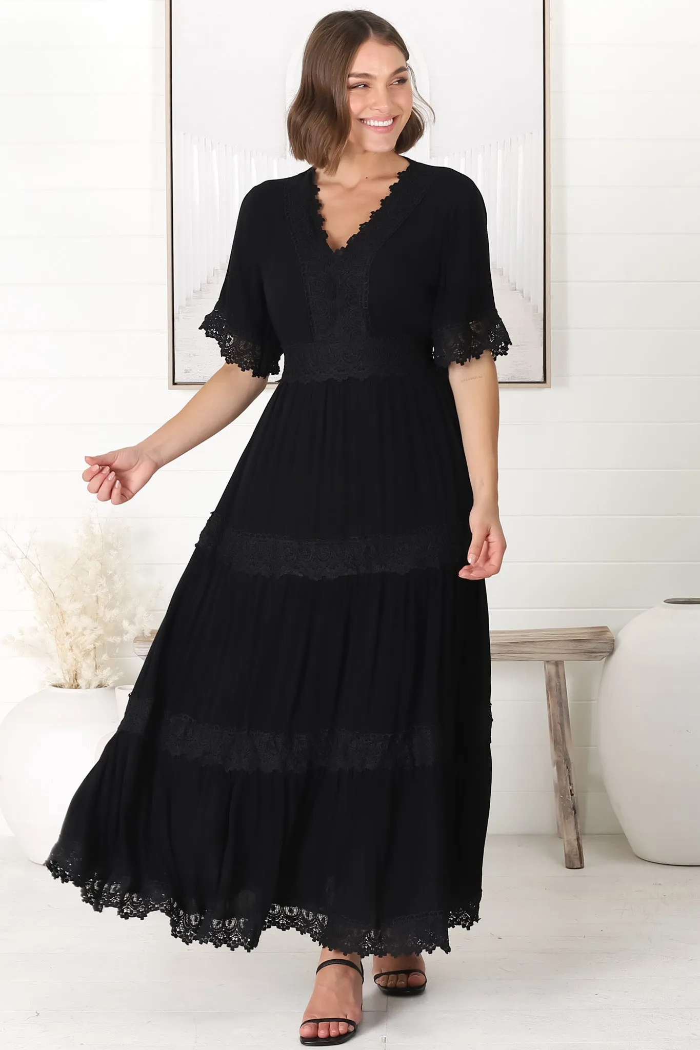 Peony Maxi Dress - Lace Detailed A Line Dress with Flute Sleeves in Black sold by Salty Crush product image thumbnail 3