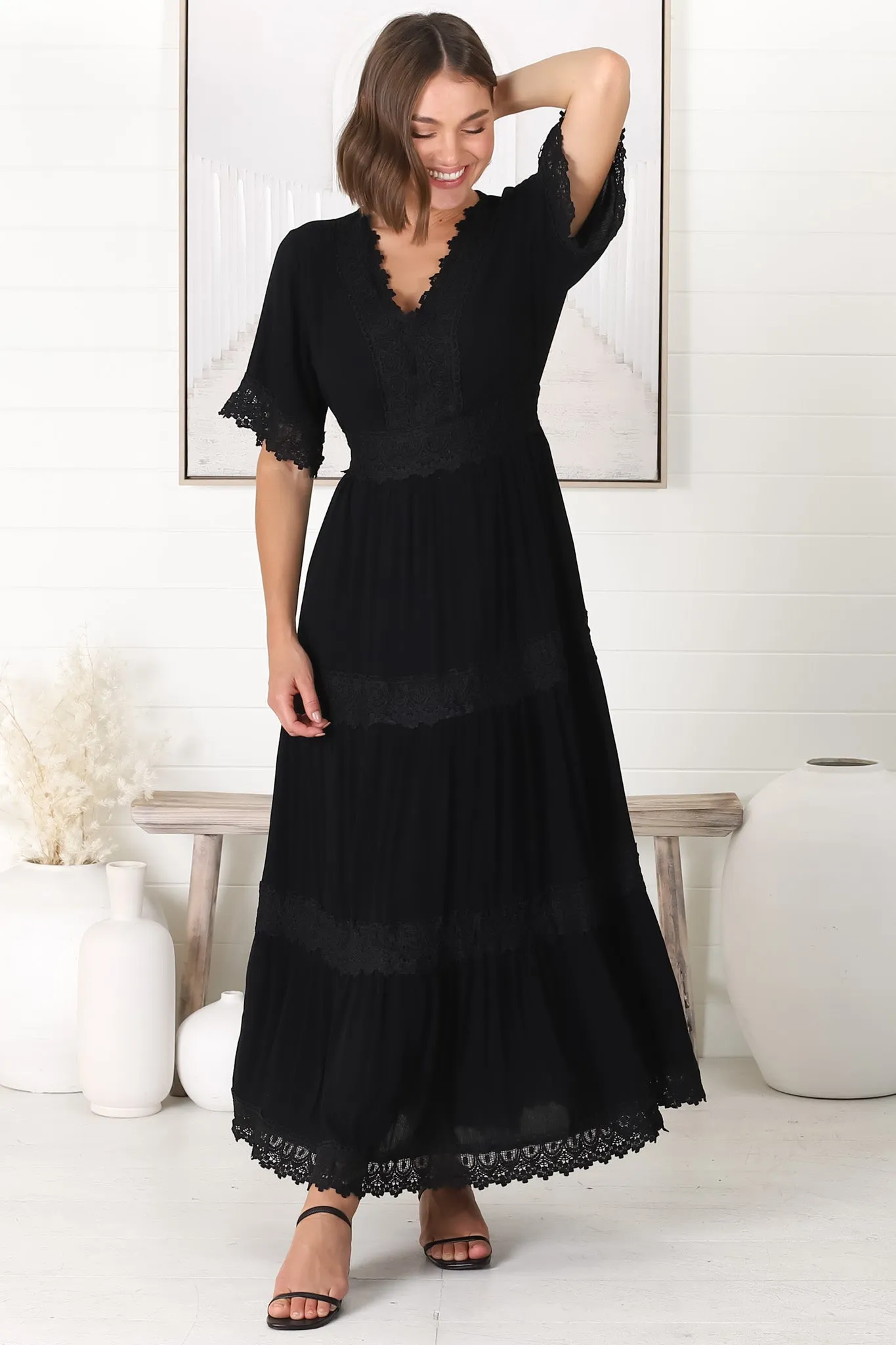 Peony Maxi Dress - Lace Detailed A Line Dress with Flute Sleeves in Black sold by Salty Crush product image thumbnail 4