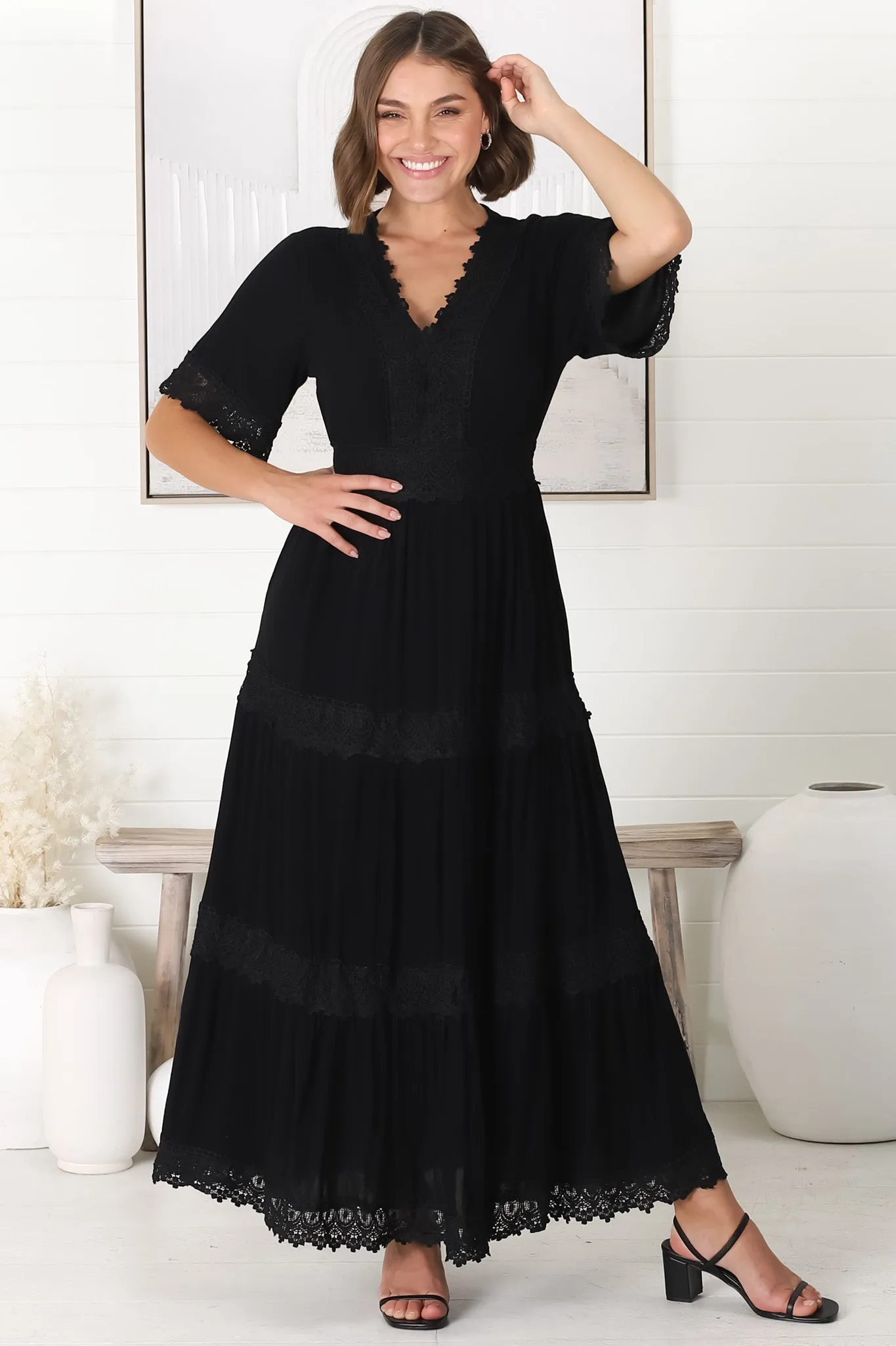 Peony Maxi Dress - Lace Detailed A Line Dress with Flute Sleeves in Black sold by Salty Crush