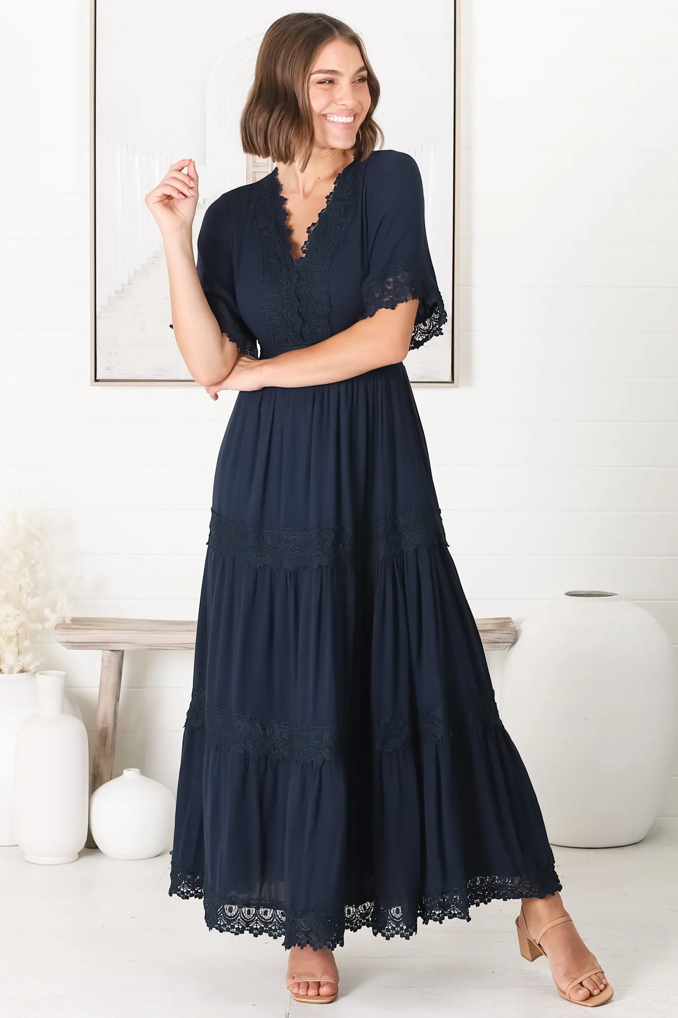 Peony Maxi Dress - Lace Detailed A Line Dress with Flute Sleeves in Navy sold by Salty Crush product image thumbnail 4
