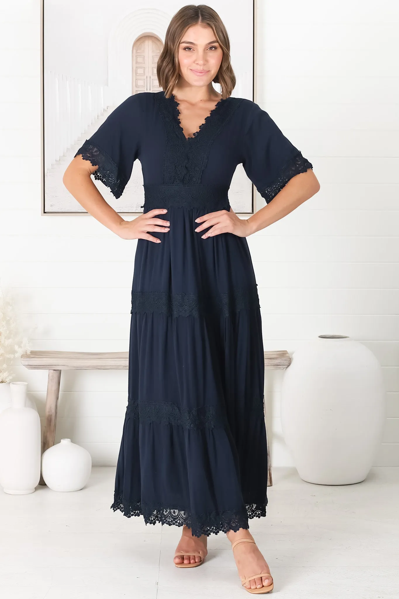 Peony Maxi Dress - Lace Detailed A Line Dress with Flute Sleeves in Navy sold by Salty Crush product image thumbnail 5