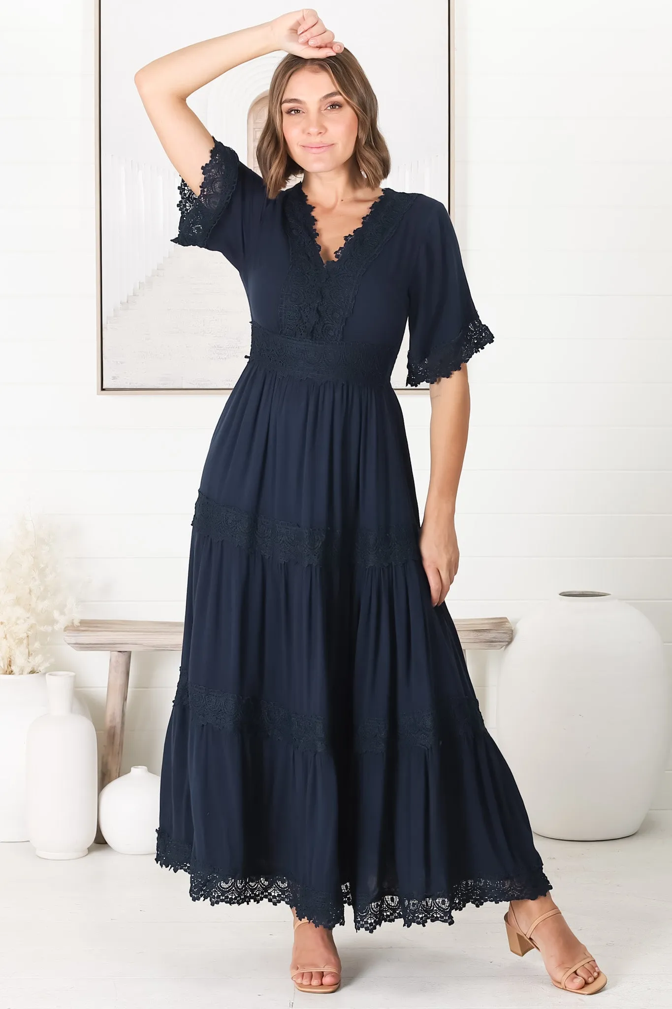 Peony Maxi Dress - Lace Detailed A Line Dress with Flute Sleeves in Navy sold by Salty Crush product image thumbnail 2
