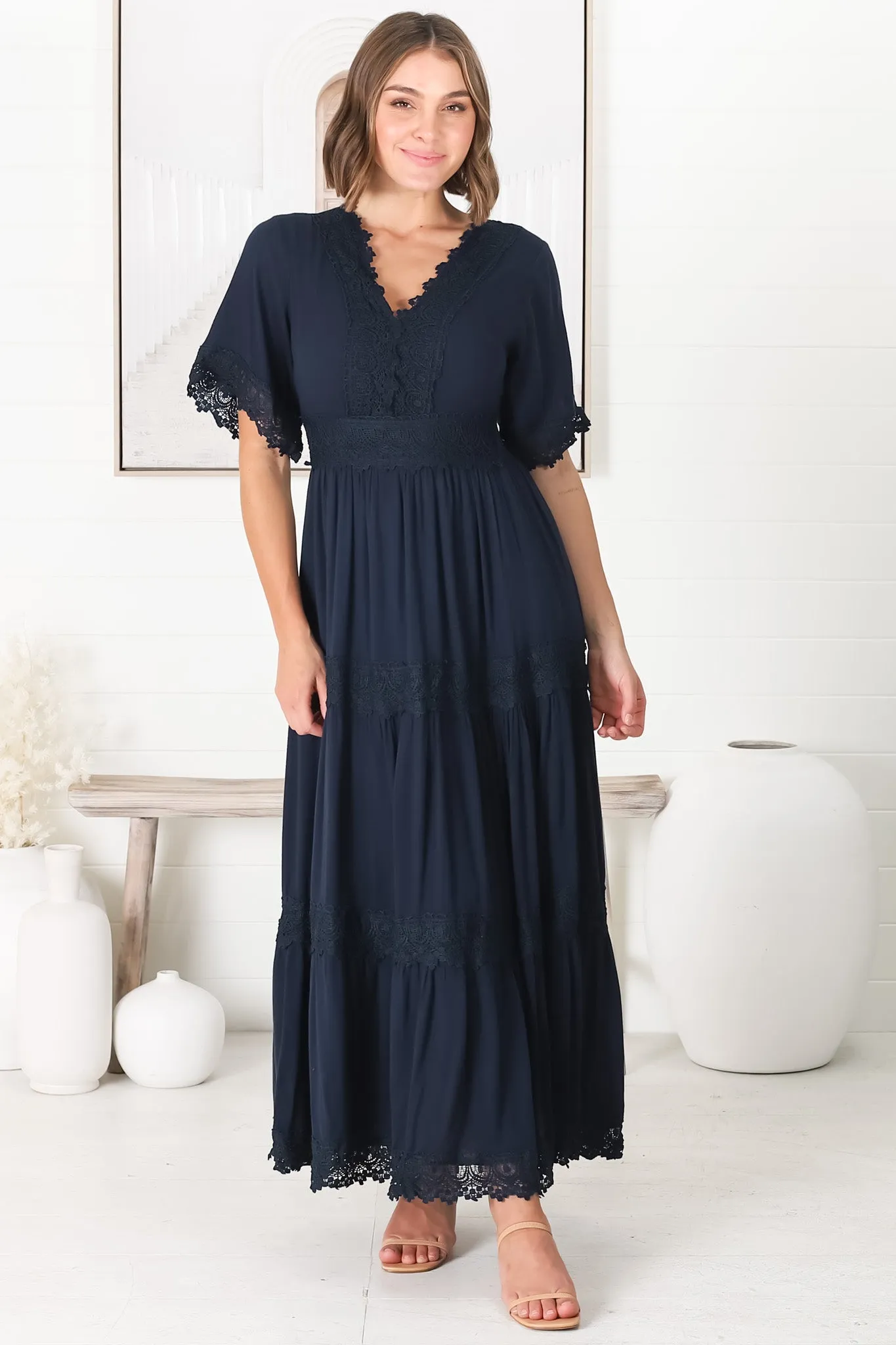 Peony Maxi Dress - Lace Detailed A Line Dress with Flute Sleeves in Navy sold by Salty Crush product image thumbnail 3
