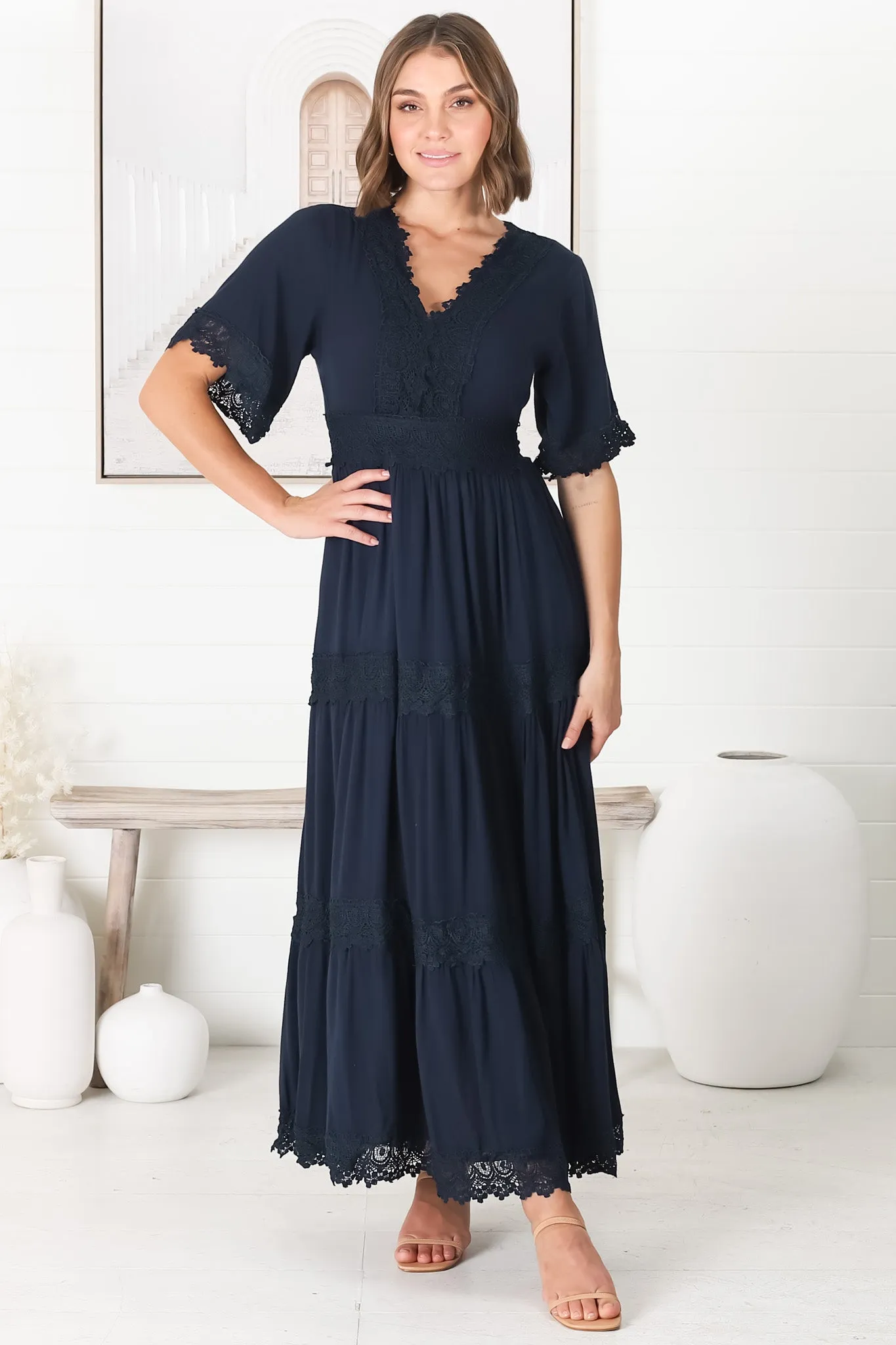 Peony Maxi Dress - Lace Detailed A Line Dress with Flute Sleeves in Navy sold by Salty Crush