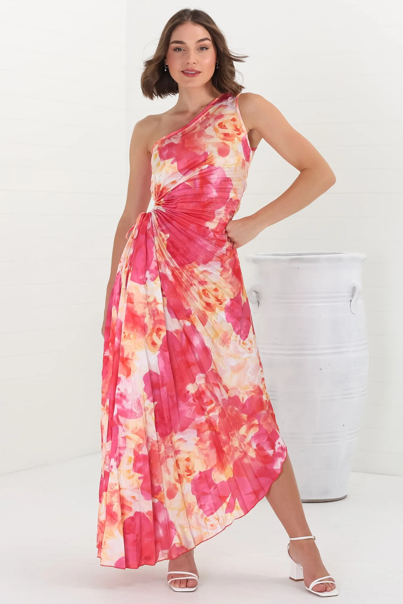 Kaia Maxi Dress - One Shoulder Dress with Side Cut Out in Cressida Print Pink sold by Salty Crush