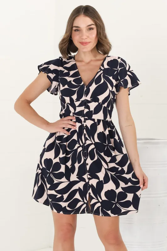 Aurelia Mini Dress - Button-Down Flutter Sleeve Dress in Kiera Print Navy sold by Salty Crush