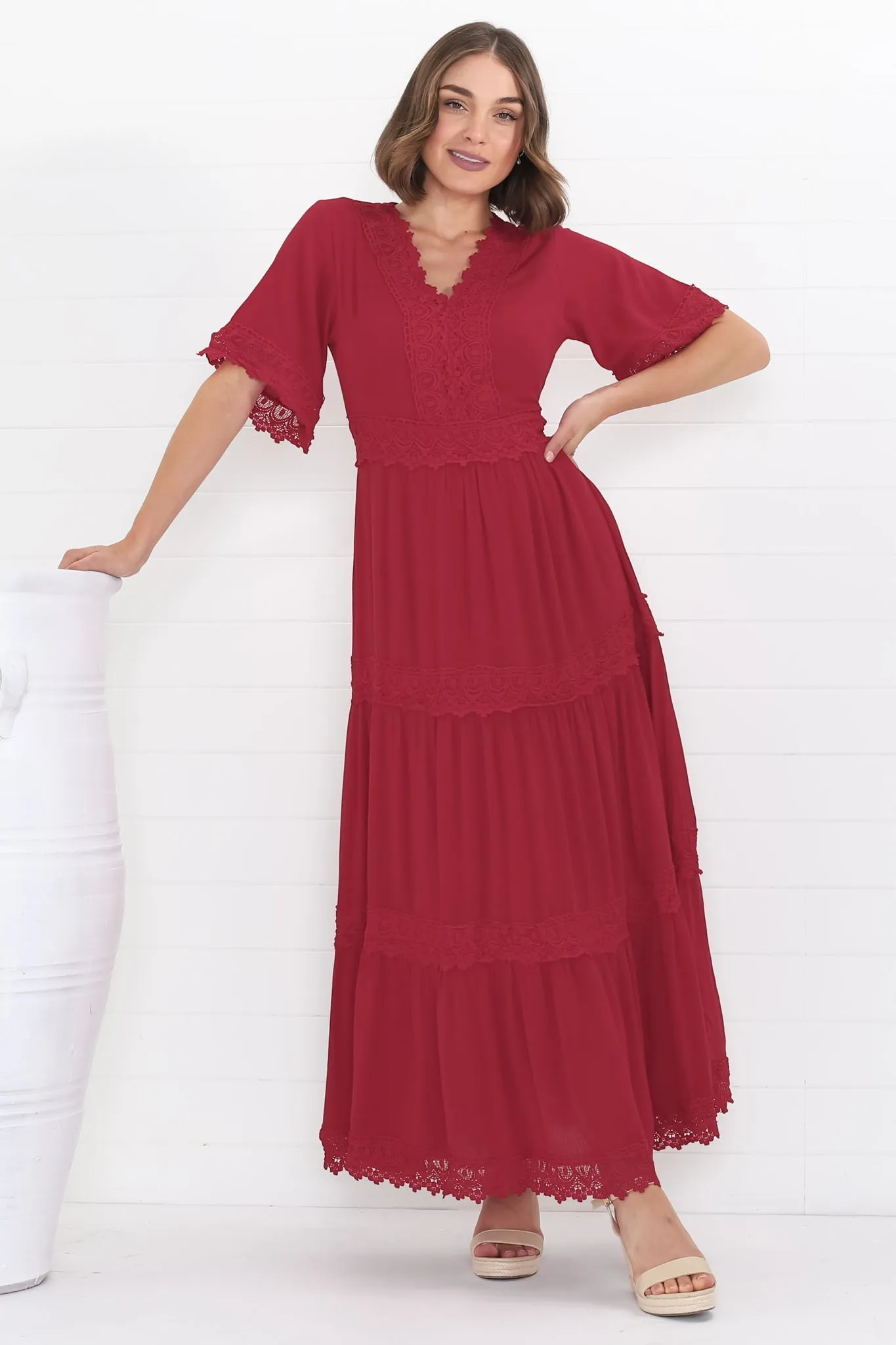 Peony Maxi Dress - Lace Detailed A Line Dress with Flute Sleeves in Red sold by Salty Crush