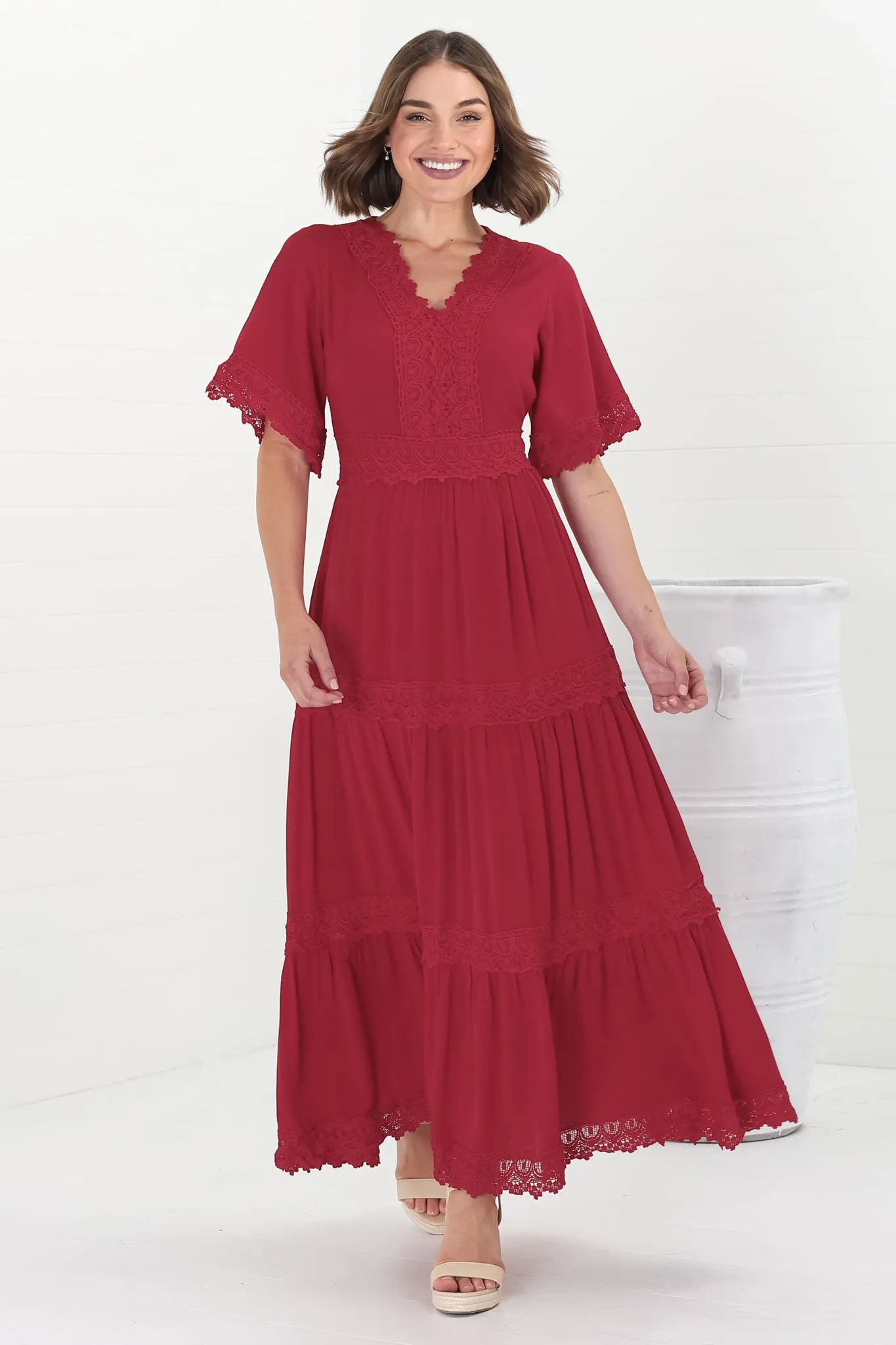 Peony Maxi Dress - Lace Detailed A Line Dress with Flute Sleeves in Red sold by Salty Crush product image thumbnail 4