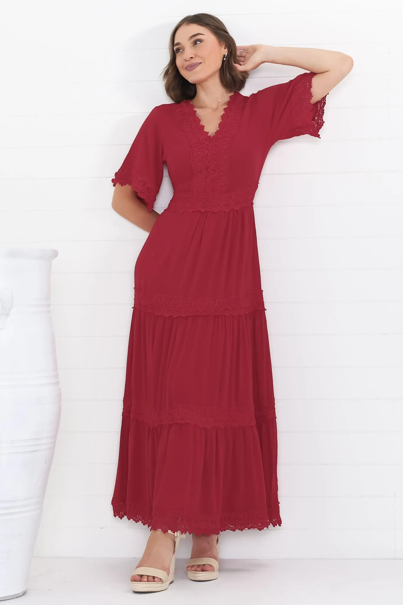 Peony Maxi Dress - Lace Detailed A Line Dress with Flute Sleeves in Red sold by Salty Crush product image thumbnail 2