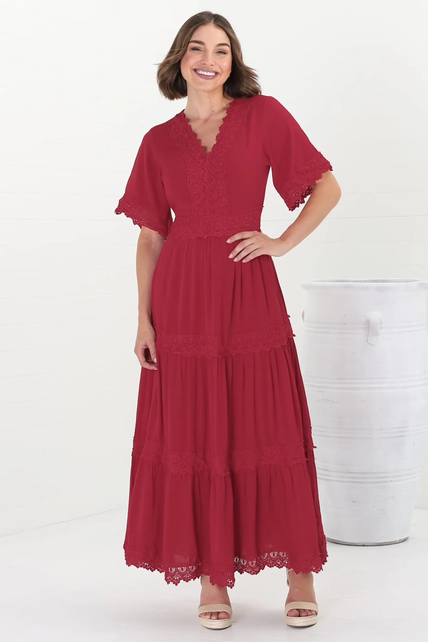 Peony Maxi Dress - Lace Detailed A Line Dress with Flute Sleeves in Red sold by Salty Crush product image thumbnail 5