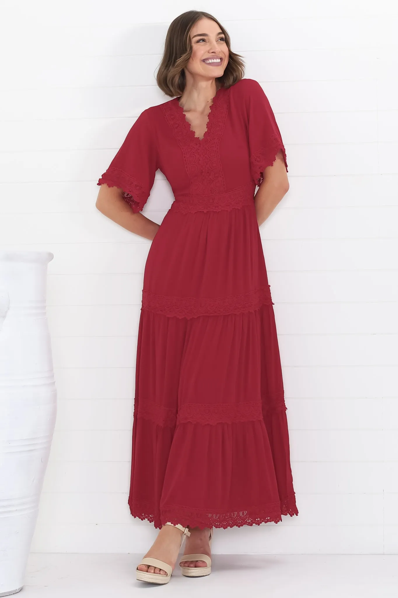 Peony Maxi Dress - Lace Detailed A Line Dress with Flute Sleeves in Red sold by Salty Crush product image thumbnail 3
