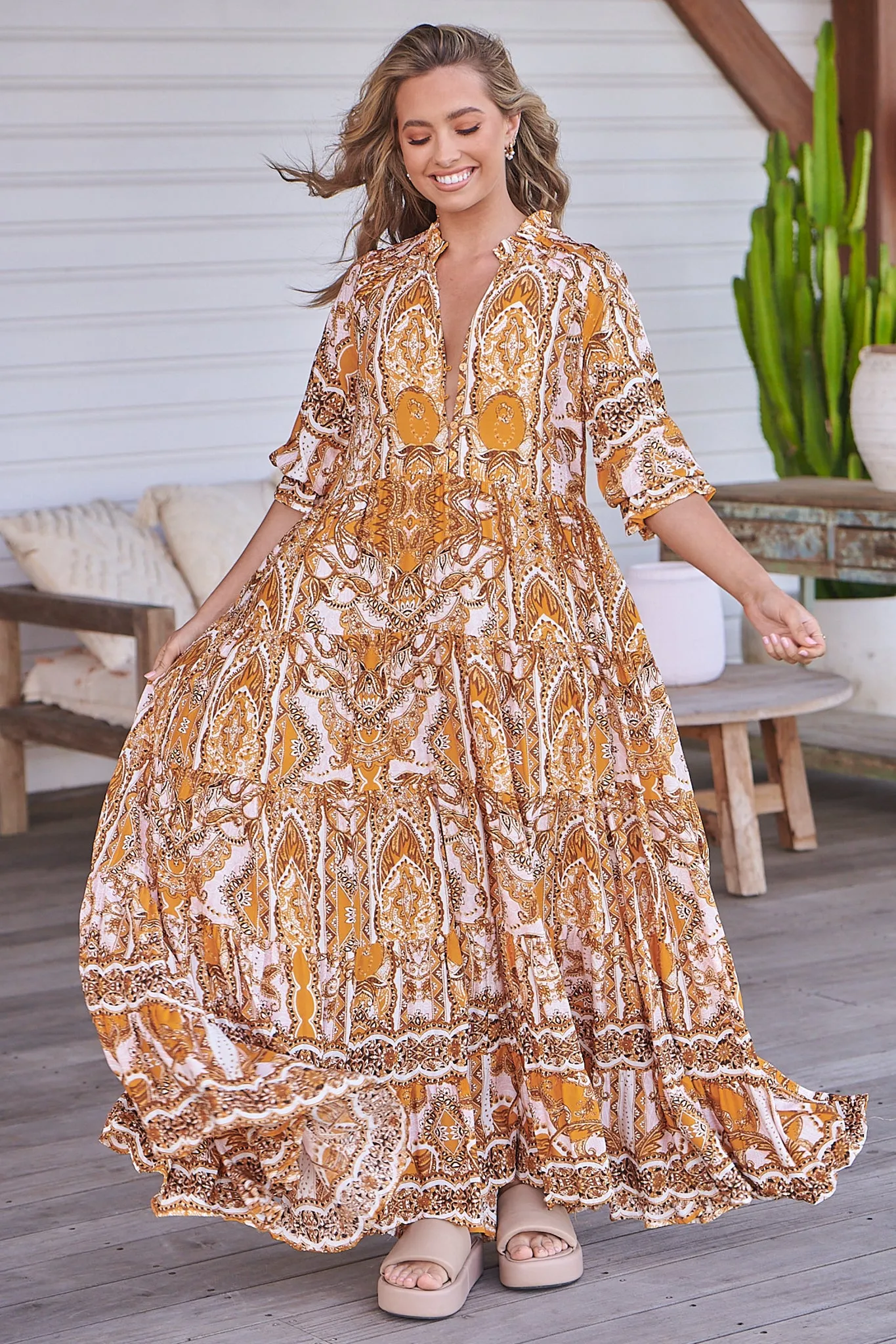 Tillie Maxi Dress: Mandarin Collar Tiered Dress in Poet Print sold by Salty Crush product image thumbnail 3