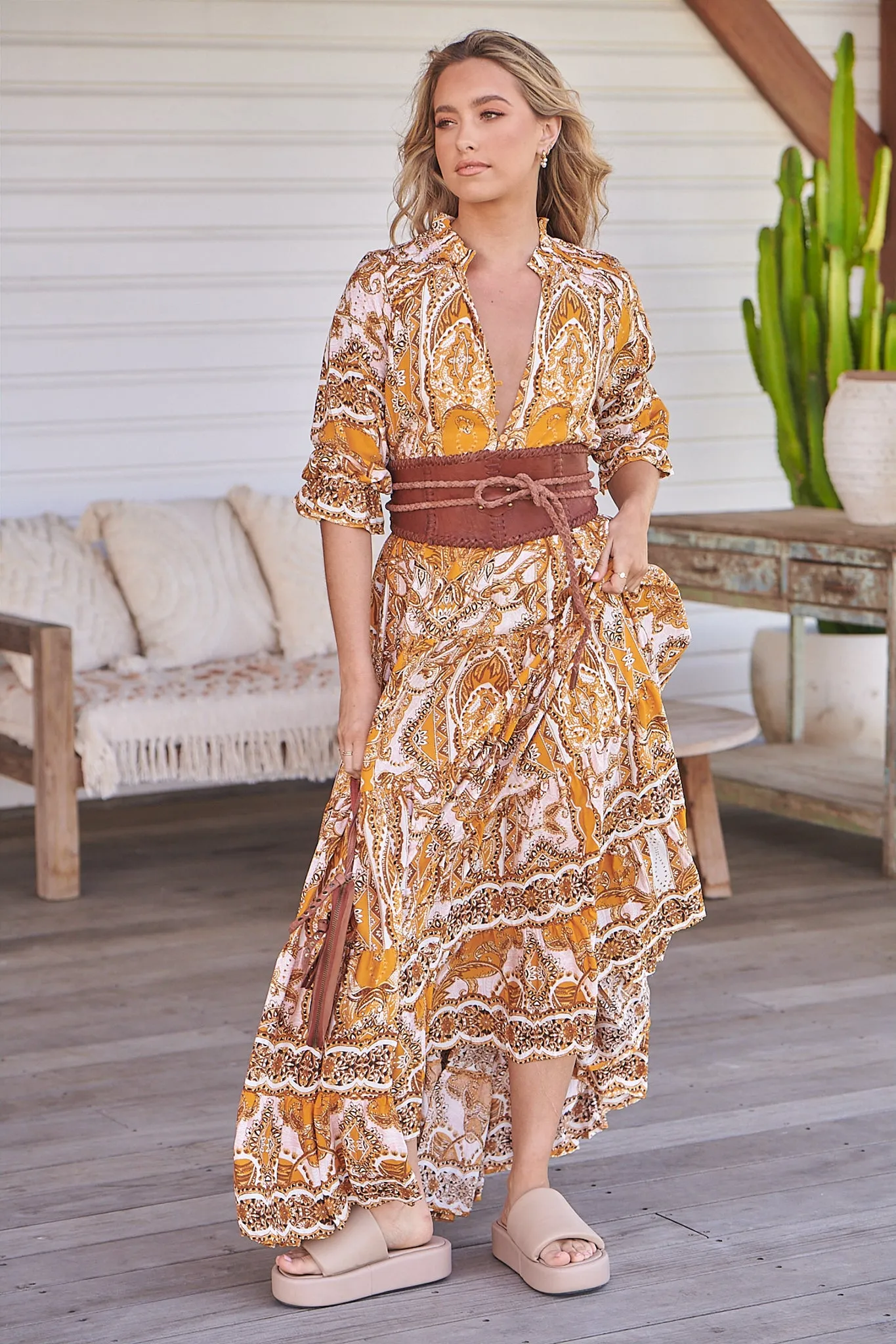 Tillie Maxi Dress: Mandarin Collar Tiered Dress in Poet Print sold by Salty Crush product image thumbnail 4