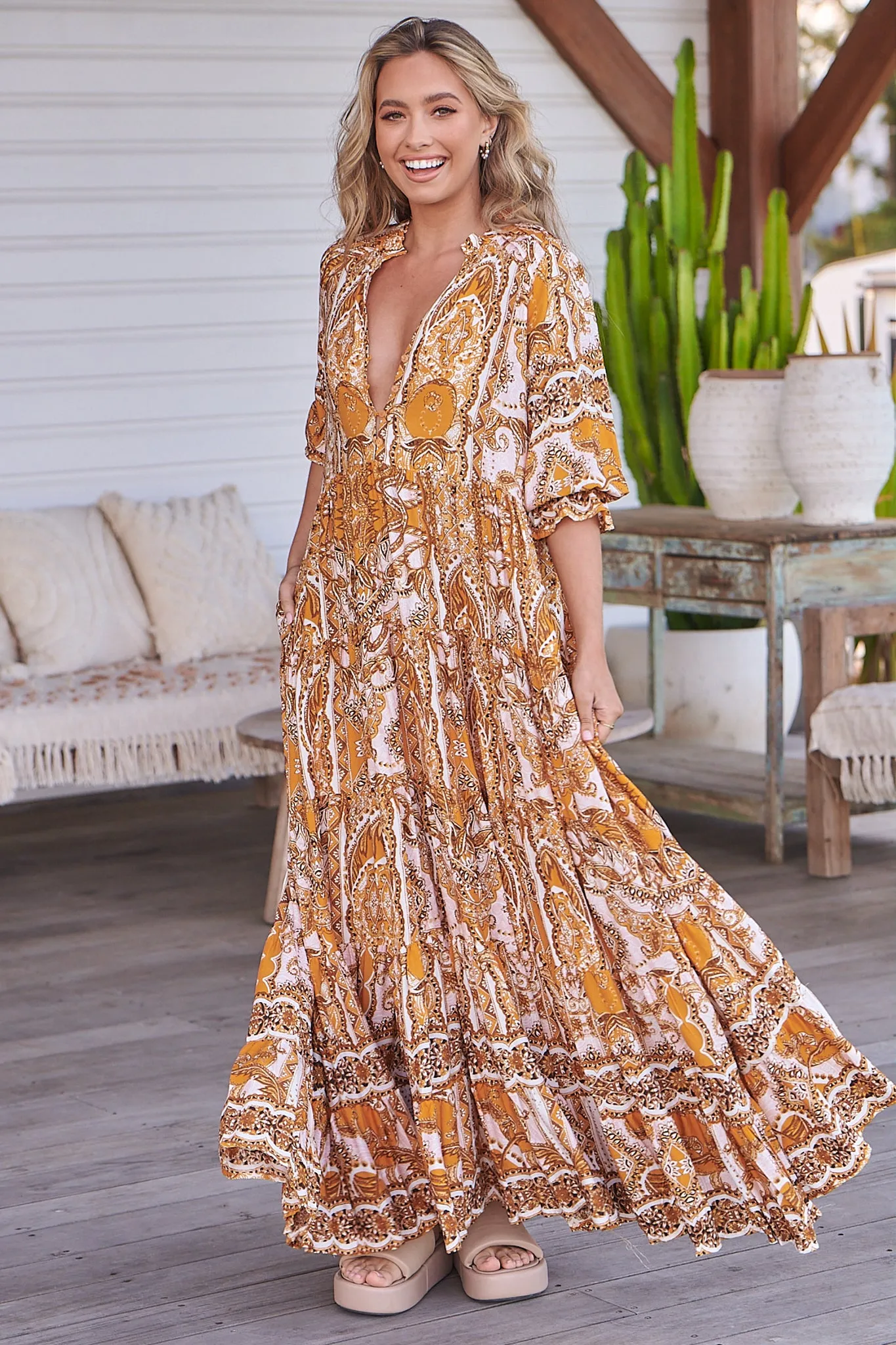 Tillie Maxi Dress: Mandarin Collar Tiered Dress in Poet Print sold by Salty Crush product image thumbnail 5