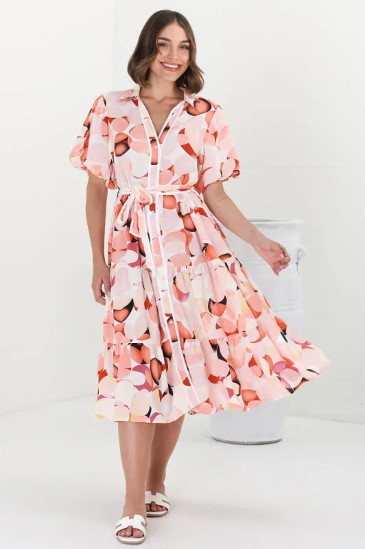 Olisa Midi Dress - Button-Down Contrast Piping Smock Dress with Matching Belt in Maine Print Pink sold by Salty Crush