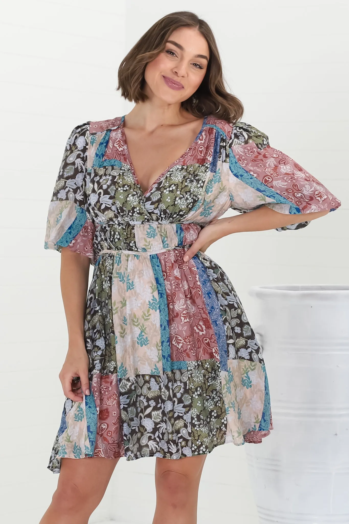 Ester Mini Dress - Cross Front Neckline Gathered Waist A Line Dress in Ita Print Mocha sold by Salty Crush product image thumbnail 5