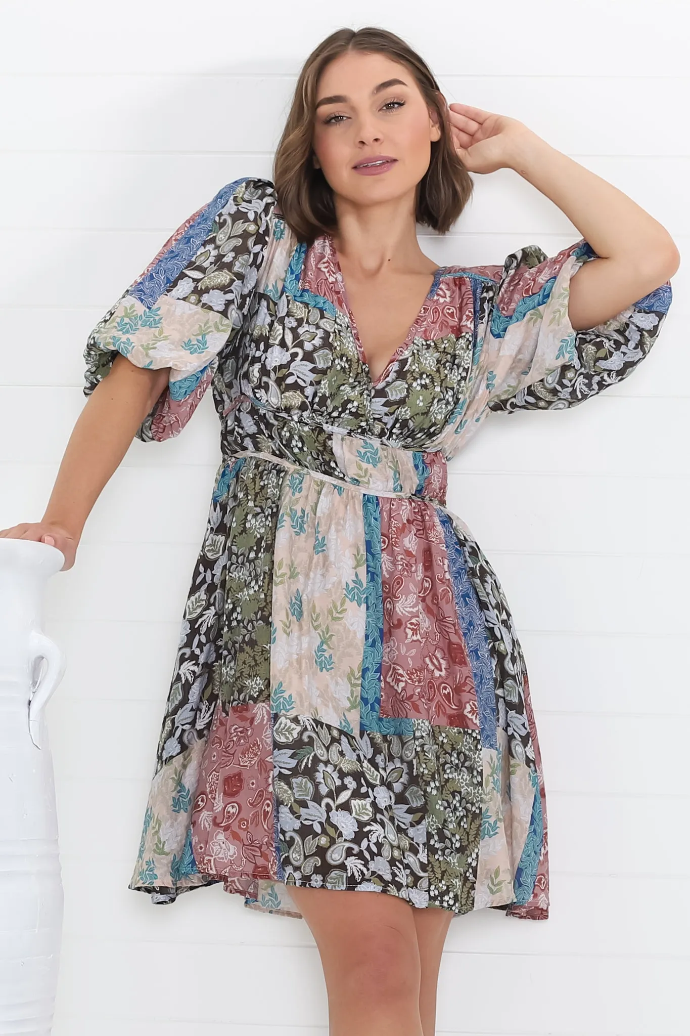 Ester Mini Dress - Cross Front Neckline Gathered Waist A Line Dress in Ita Print Mocha sold by Salty Crush product image thumbnail 4