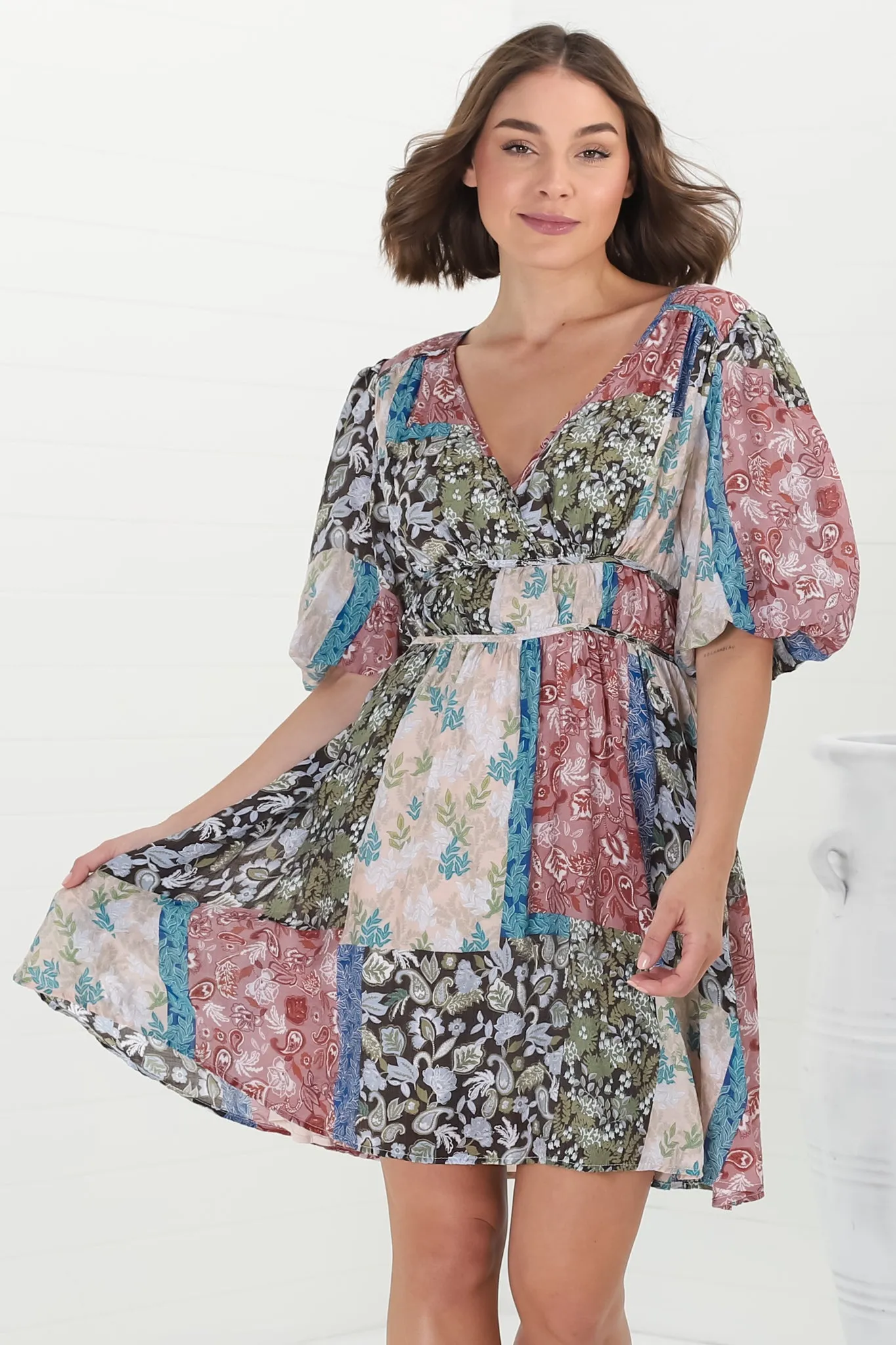 Ester Mini Dress - Cross Front Neckline Gathered Waist A Line Dress in Ita Print Mocha sold by Salty Crush product image thumbnail 3