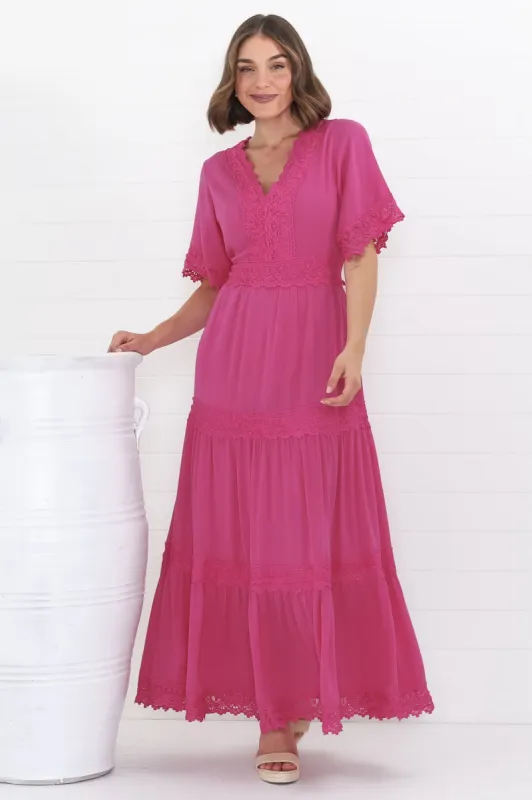 Peony Maxi Dress - Lace Detailed A Line Dress with Flute Sleeves in Magenta sold by Salty Crush