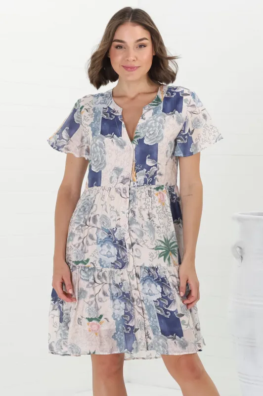 Wilma Mini Dress - Bermuda Collar Button Down Dress with Cap Sleeves in Irina Print Blue sold by Salty Crush