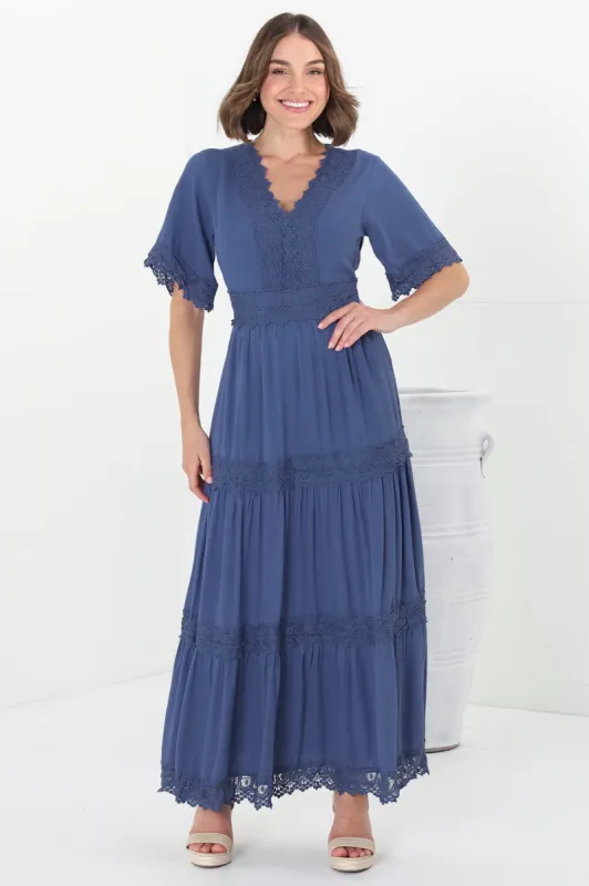 Peony Maxi Dress - Lace Detailed A Line Dress with Flute Sleeves in Blue sold by Salty Crush
