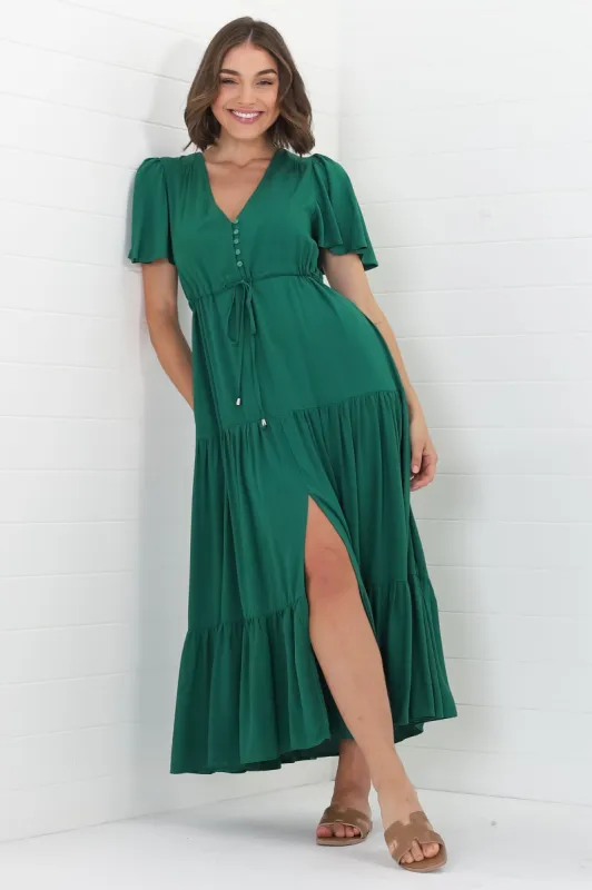 Adhira Maxi Dress - Buttoned Bodice A Line Dress With Flute Sleeves In Emerald sold by Salty Crush
