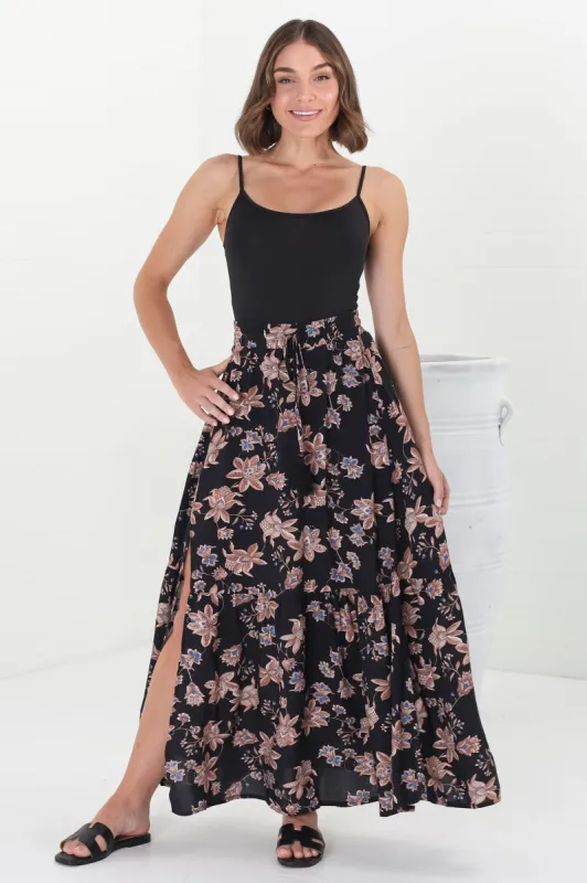Hellen Maxi Skirt - High Waisted Skirt with Front Splits in Halara Print Black sold by Salty Crush