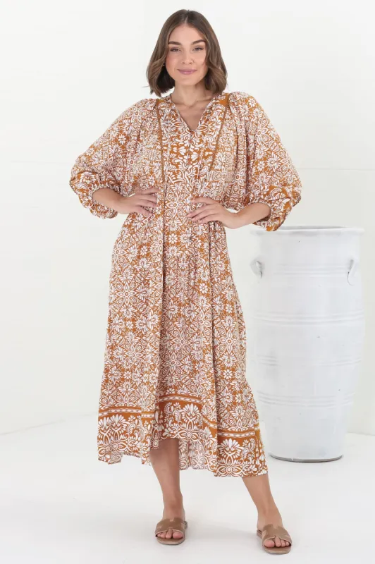 Kamali Midi Dress - Batwing Sleeve Smock Dress with Lace Detailing in Harley Print Rust sold by Salty Crush