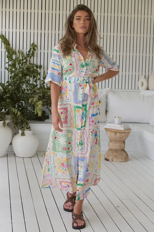 JAASE - Pepper Midi Dress: Button-Down Shirt Dress with Matching Belt in La Mer Print made by Jaase
