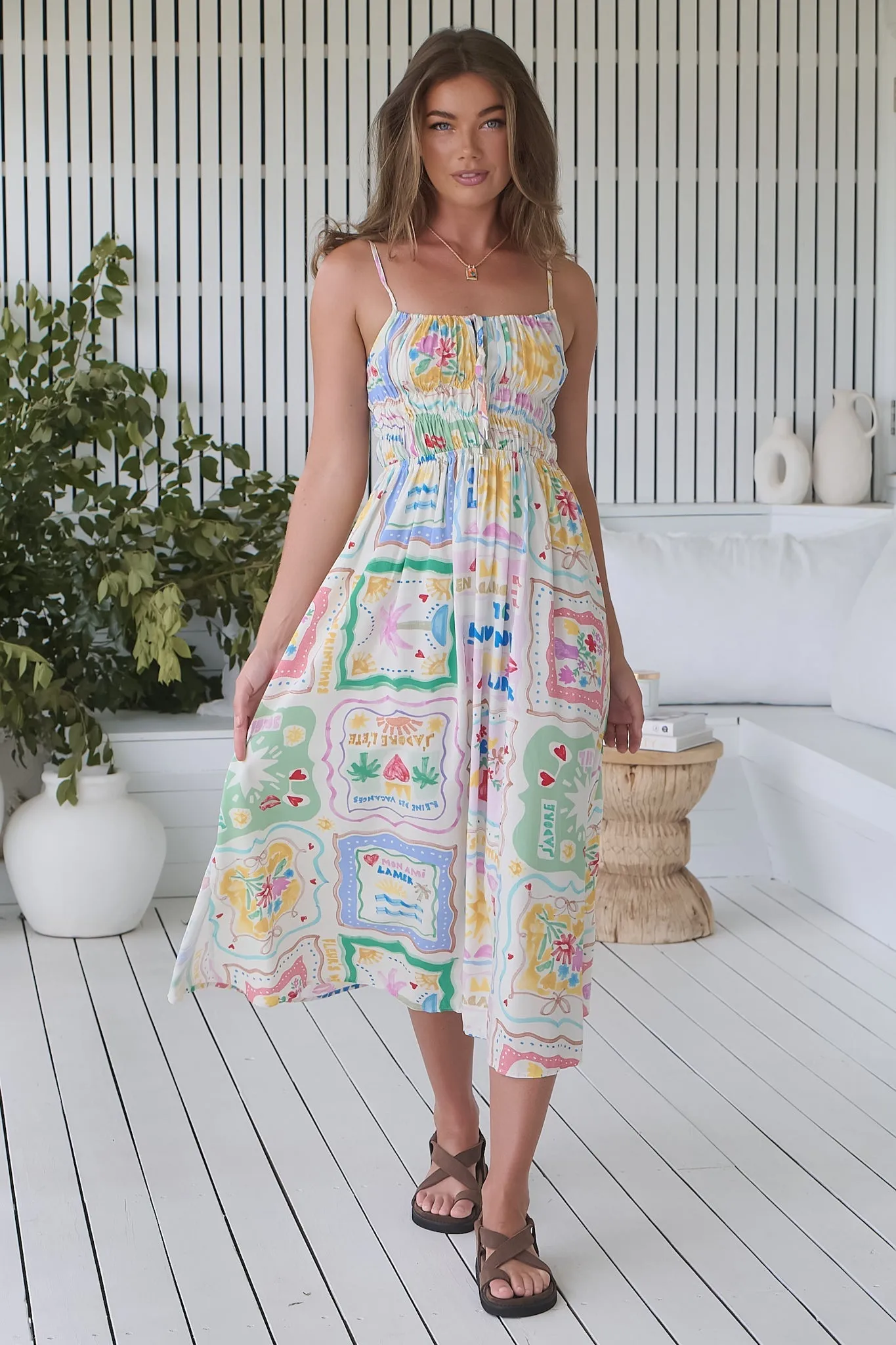 JAASE - Cara Midi Dress: Spaghetti Strap Shirred Bodice Sun Dress in La Mer Print sold by Salty Crush
